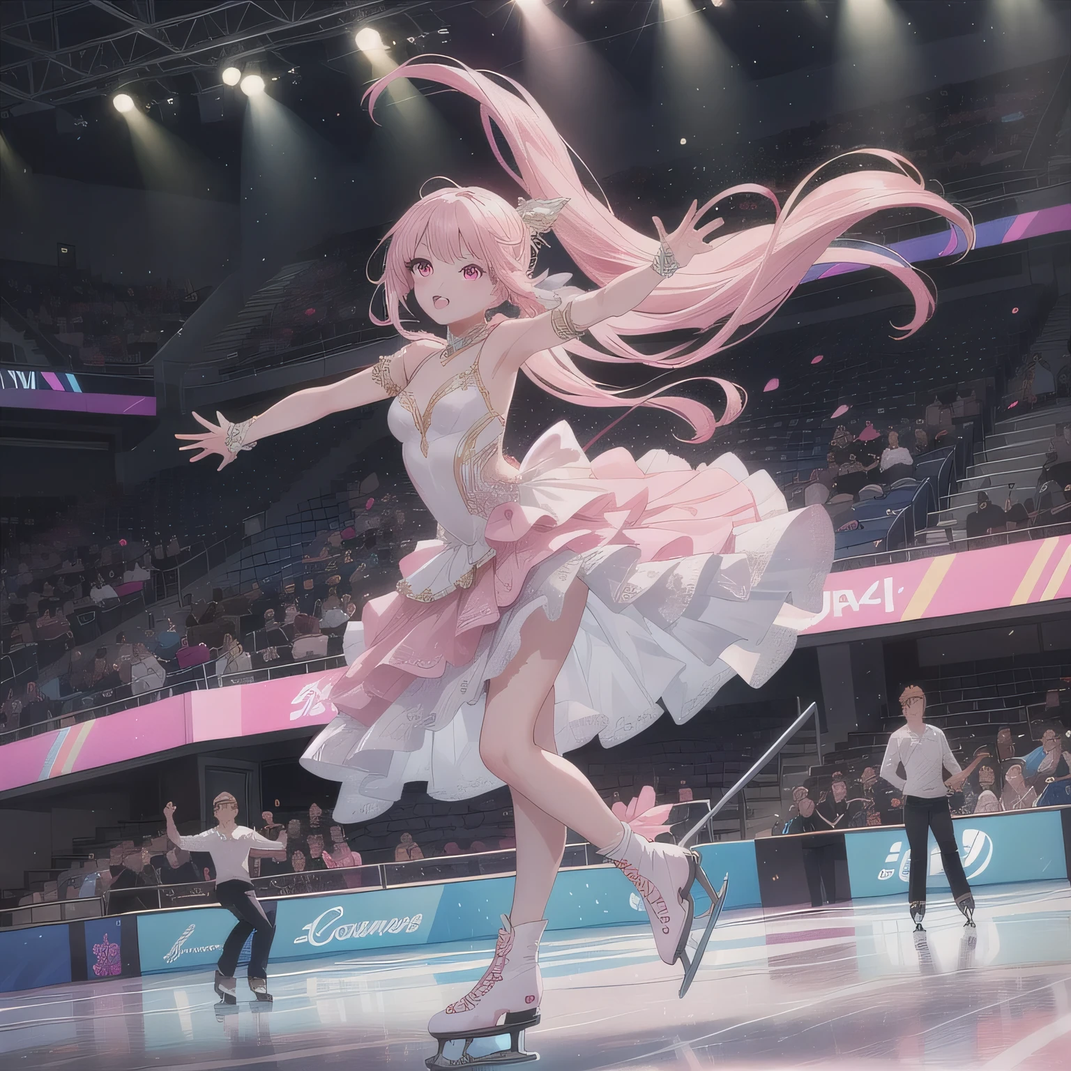 Depict a 20-year-old, stunningly beautiful woman gracefully gliding across the ice in a grand skating arena. She wears an elegant and intricately designed figure skating dress, adorned with shimmering details that reflect the arena lights. Her expression is serene yet focused, her movements fluid and dynamic, capturing the poise and strength of a professional skater. The background features a vast ice rink with soft lighting, enhancing the elegance of the scene. Fangs, long hair, (pink eyes:1.5), pink hair.