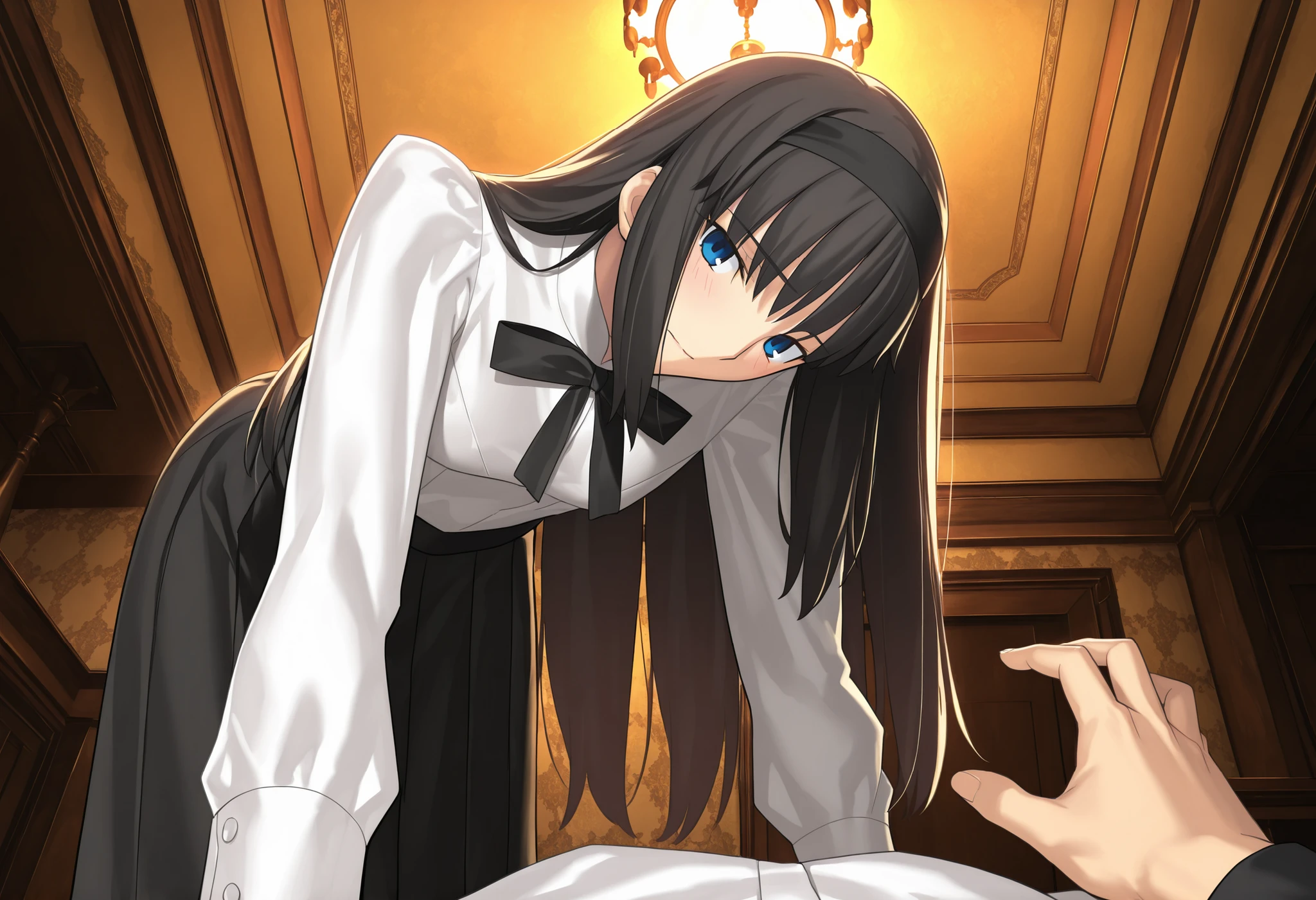 masterpiece, , absurdres, highres, detailed background, high resolution, masterpiece, necessary, detail, best quality, quality, necessary, details, High details, Precise, indoors, hotel room, medieval interior, gothic, from side, from below, close up, pov, (upper body),
1girl, , Takeuchi Takashi (type-moon,tsukihime) style, takeuchi takashi style, (aged up), sitting, (head tilt), bent over,(reaching, hand), light embarrassed,
tall girl, mature, Akiha_Tohno, (tsukihime), black hair, bangs, long hair, blue eyes,(half-closed eyes), black headband, straight hair, tsurime, closed mouth,
(white shirt, black long skirt), black ribbon, (small breasts, flat chest), , looking at viewer, ,