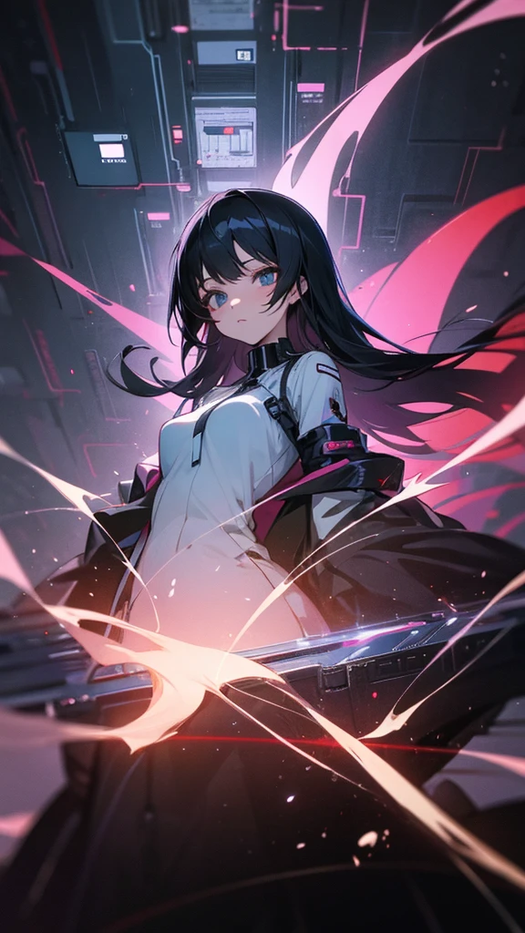 anime girl with black hair and purple eyes holding a sword, cyborg - girl with black hair, wear mask, sci fi, angry, evil