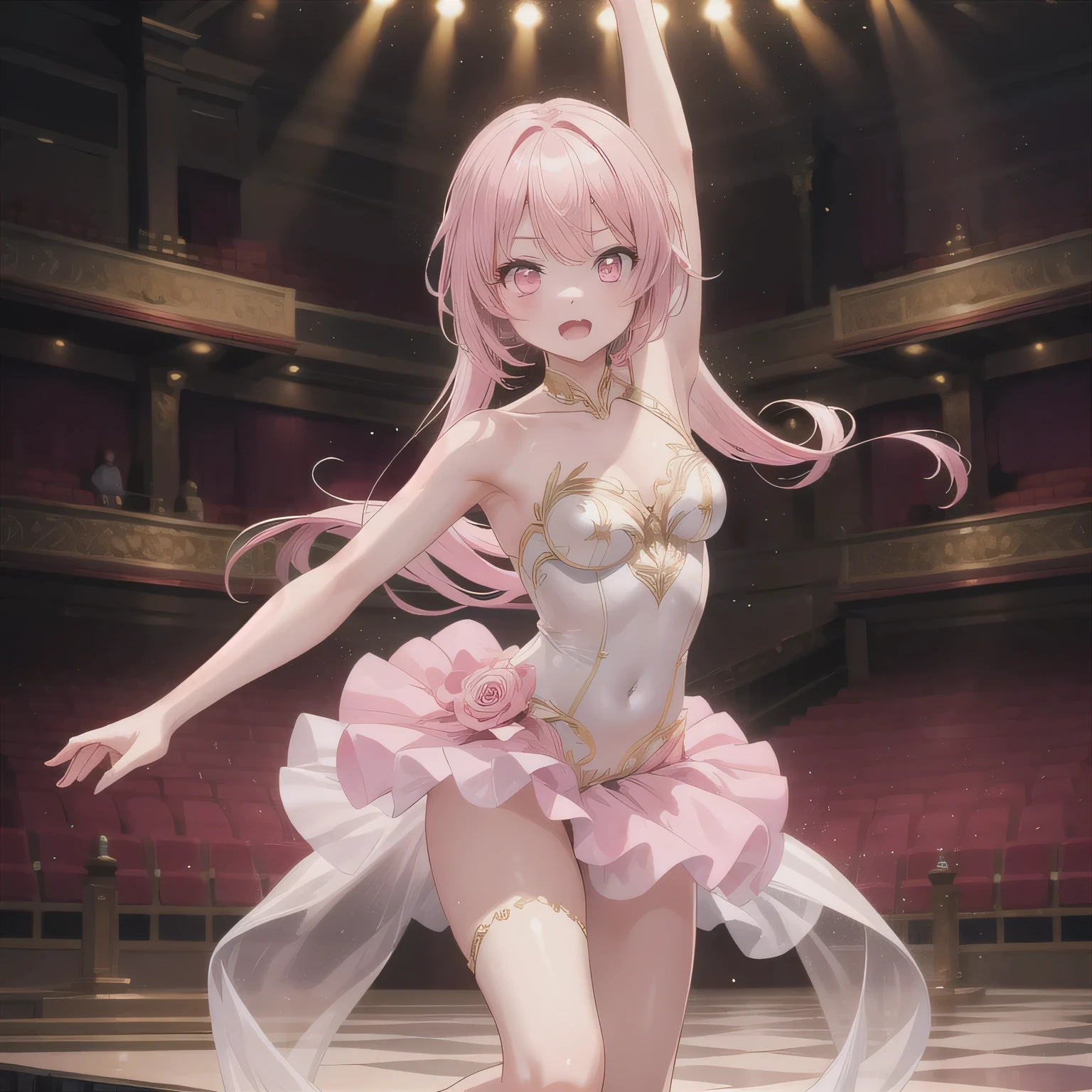Depict a 20-year-old, exquisitely beautiful ballerina performing on a grand theater stage. She wears a delicate and intricately designed tutu, its soft fabric flowing with every movement. Her posture is impeccable, one leg extended in a perfect arabesque, arms poised elegantly. The warm stage lighting casts a golden glow, illuminating her delicate features and emphasizing the sheer grace of her dance. Fangs, long hair, (pink eyes:1.5), pink hair.