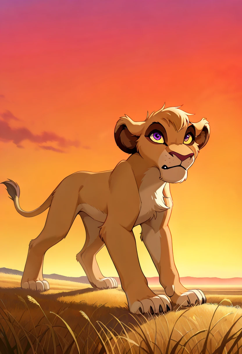 score_9, score_8_up, score_7_up, score_6_up, best quality, highly detailed, detailed fur, detailed background, Solo, anthro, female, lion cub, 1girl, young, younger, barefoot, lioness, Vitani, purple eyes, yellow sclera, dynamic pose, aggressive pose, paw strike, claws, savannah, gray earth, reddish sky