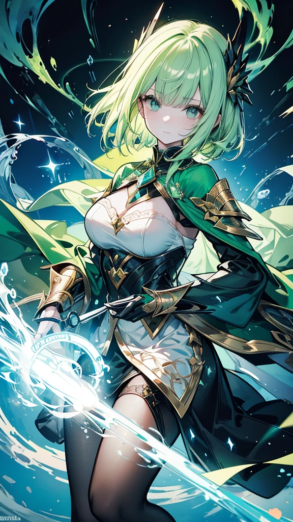 (((highest quality、first-clasasterpiece、Normal body、8k、Detailed face、Ultra-precision、Normal hand、Normal finger、5Finger、)))Brightly colored hair、Golden-green hair、Short Hair、Shortcuts、Sleeping habit head、Unshaven Head、Small breasts、Flexible body、Brave、Braveの剣、光のBrave、Sword of Light、聖なるBrave、Holy Sword、Sword and magic circle、Magic Sword、The Great Magic of Light and Darkness、huge magic circle、Shiny Tiara、Blue leotard、Green belt、black half cloak、Evil Eye、Magic circle pattern on eyes、Demon King's Castle、Evil Cave、Ready your sword