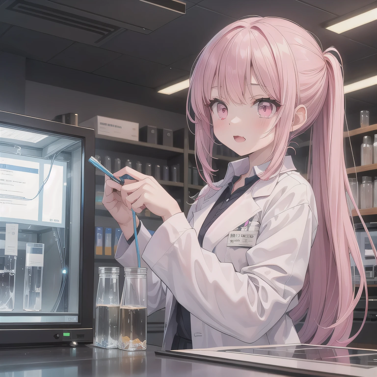 Depict a 20-year-old, stunningly beautiful woman conducting an experiment in a well-equipped science lab. She wears a pristine white lab coat over professional attire, her expression focused as she carefully handles scientific instruments. Whether her hair is long and neatly tied back or short and styled, she maintains a meticulous appearance suited for the lab environment. The background features shelves filled with scientific equipment, adding to the immersive atmosphere of the setting. Fangs, long hair, (pink eyes:1.5), pink hair.