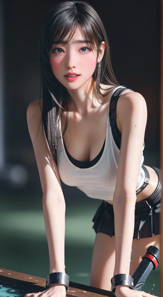 absurdres, RAW photo, extremely delicate and beautiful, masterpiece, Best Quality, ultra high resolution, 32k, hyperrealistic, ultra-detailed, perfect anatomy, anatomically correct, perfect figure, super Detailed skin, pale skin, 20 years old, very Slim body, narrow waist, very small head, very small face, delicate facial features, detailed face, detailed eyes, tearful mole, earring, thin legs, bare legs, very huge round breasts, short medium hair, ((wavy hair)), full body shot, alone, volleyball Jersey, shorts, midriff,