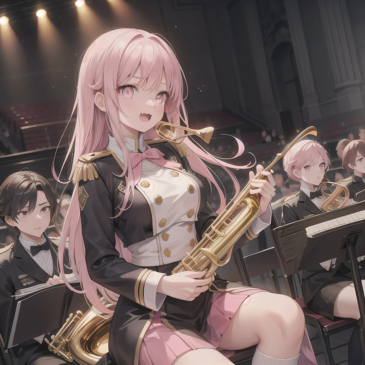 Depict a 20-year-old, dazzlingly beautiful woman playing a brass instrument in a grand concert hall. She wears an elegant yet practical band uniform, designed with intricate gold embroidery. Her posture is poised, fingers positioned with precision, her eyes focused as she plays passionately. The warm stage lighting highlights the shine of her instrument, creating a visually striking contrast between her and the surrounding orchestra. Fangs, long hair, (pink eyes:1.5), pink hair.