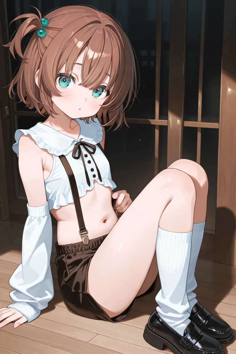 ultra-detailliert, Best Quality, High resolution, ((1 cute girls)), catch light eyes、Looking at Viewer, pale skin, Petite,（NAKED Apron）、（Bottomless）、 (Very short hair), （A dark-haired）、(flat chest), (Glasses), (blush:1.2), Blue eyes, An embarrassed smile, NSFW,　knees up、cuisine、Spread your legs apart、