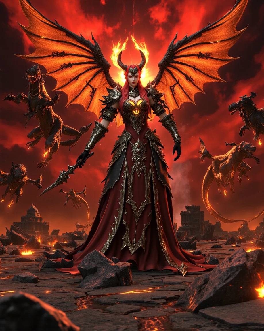 (papel de parede 8k extremamente detalhado) +, a background photo of a demonic sorceress conjuring fire in a burning and destroyed village, Intrincado, Alto Detalhe, dramatic, obra-prima de melhor qualidade, fotorrealista, detalhado, 8k, HDR, retroiluminação, florescer, brilhos de luz, foco nítido