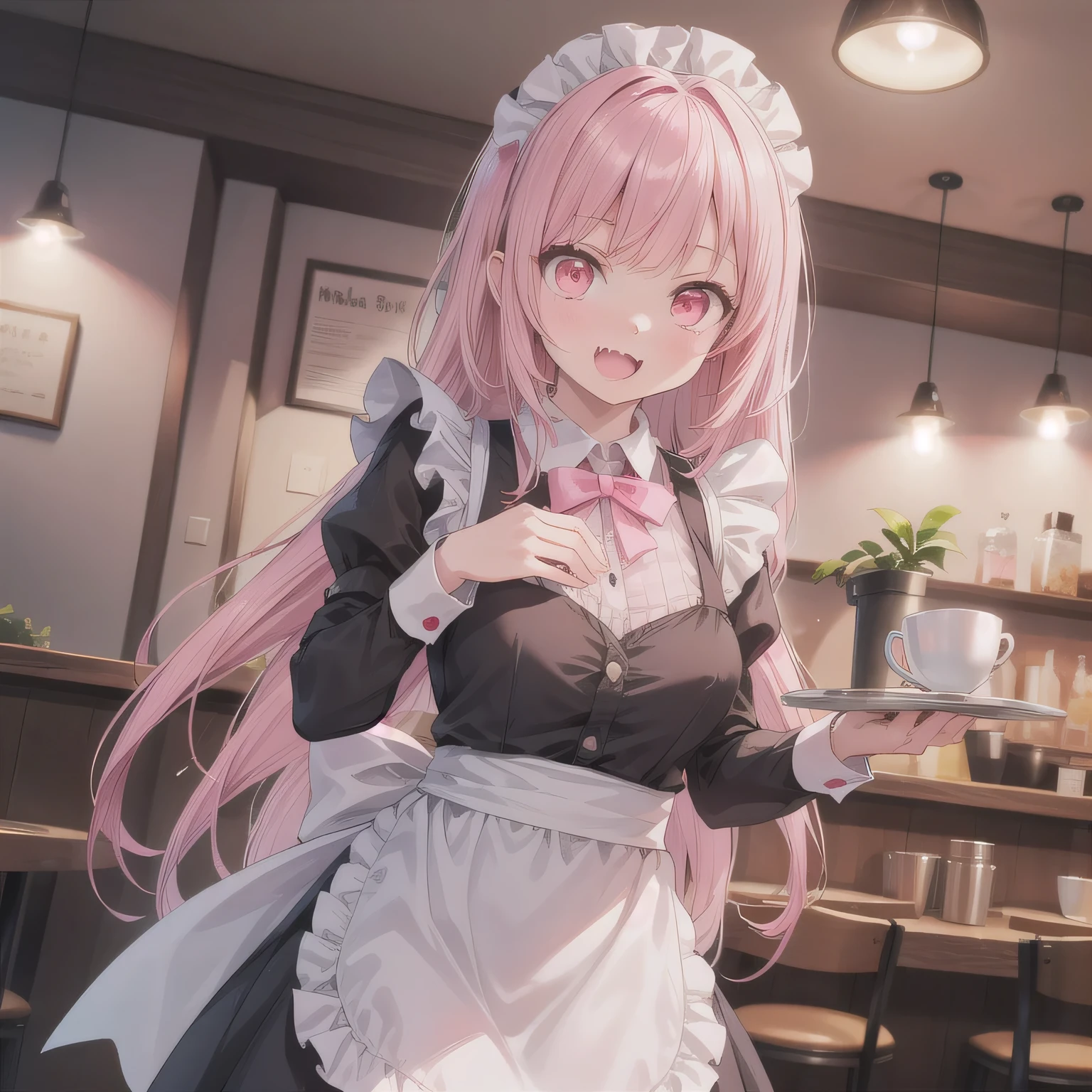 A girl is working as a waitress in a cozy cafe. She's wearing a classic maid outfit. The air feels warm and calm, and it's like you can almost smell the coffee through the picture. Fangs, long hair, (pink eyes:1.5), pink hair.