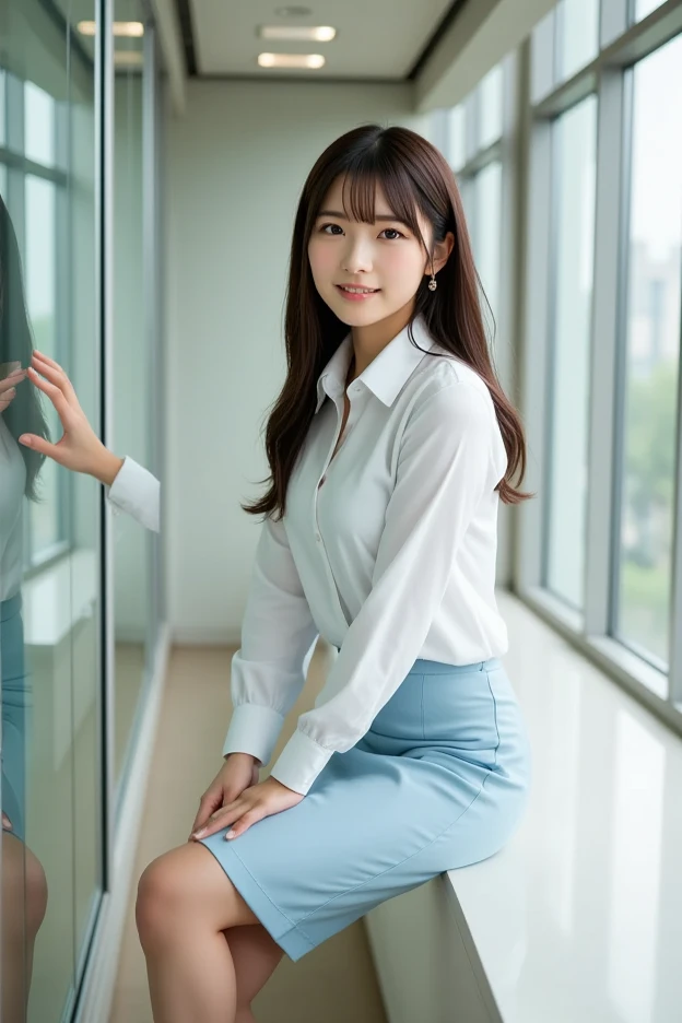(8K, best quality, masterpiece:1.2), (realistic, photo-realistic:1.37), (high color saturation:1.0), (highly detailed skin), (highest quality:1.0), (ultra high resolution:1.0) ,(realistic:1.0), (Super detailed:1.0), (8K, Raw photo:1.1)、standing random pose, smiling, natural breast, perfect lighting, 22years old, (mysterious), clear and detailed, ((japaniese_office_uniform, flared skirt, sexy_blouse)), (indoor office, escalator), surprised face, ((looking at back viewer)), ((low angle photo)), panties,