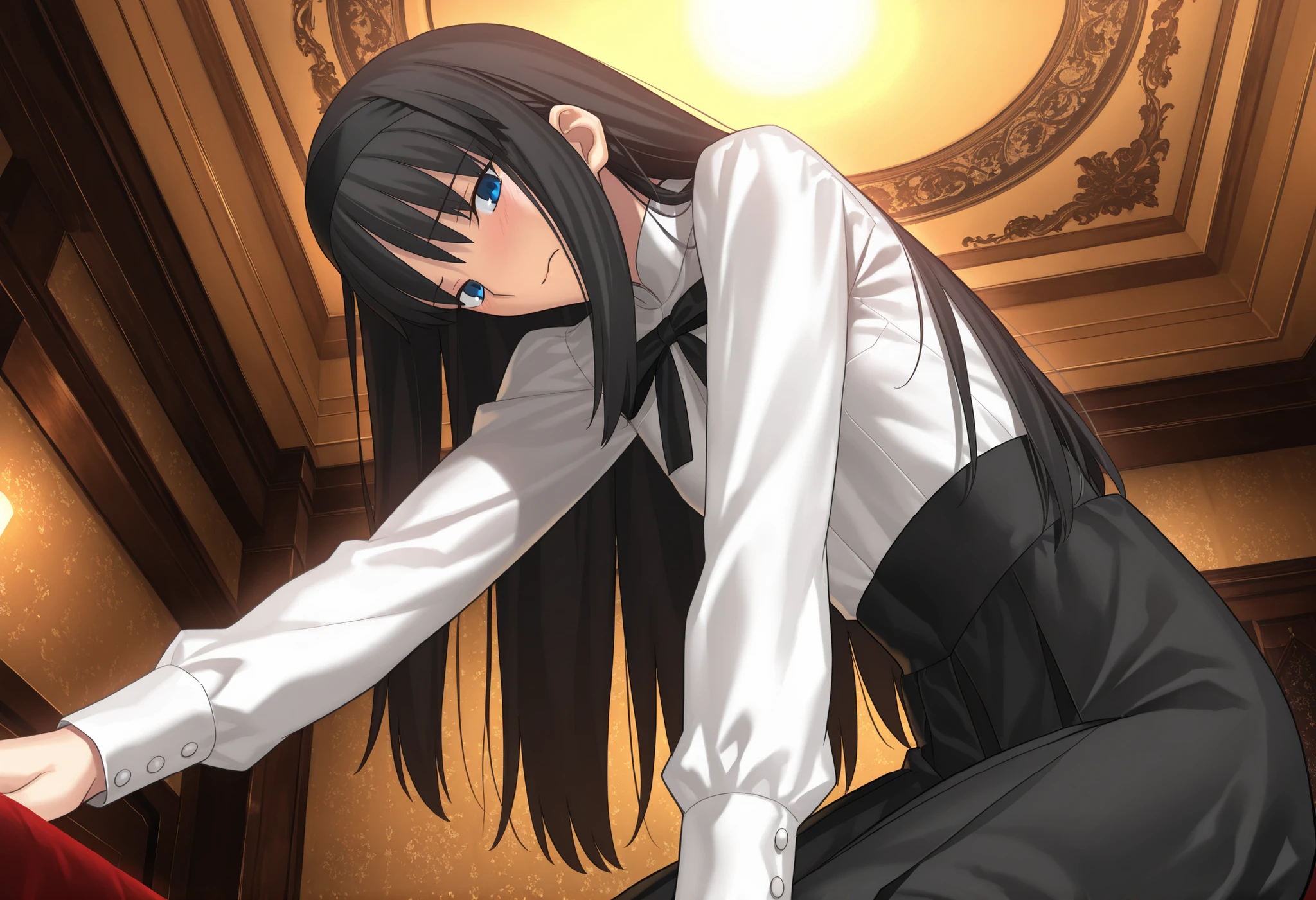 masterpiece, , absurdres, highres, detailed background, high resolution, masterpiece, necessary, detail, best quality, quality, necessary, details, High details, Precise, indoors, hotel room, medieval interior, gothic, from side, from below, close up, pov, (upper body),
1girl, , Takeuchi Takashi (type-moon,tsukihime) style, takeuchi takashi style, (aged up), sitting, (head tilt), bent over,(reaching, hand), light embarrassed,
tall girl, mature, Akiha_Tohno, (tsukihime), black hair, bangs, long hair, blue eyes,(half-closed eyes), black headband, straight hair, tsurime, closed mouth,
(white shirt, black long skirt), black ribbon, (small breasts, flat chest), , looking at viewer, ,