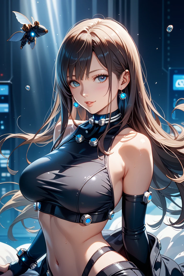 ((Best quality)), ((masterpiece)), (detailed), (realistic), Extremely sexy futuristic female DJ, beautiful, sexual, sensual, sci-fi, wearing slutty sleeveless leotard top, big boobs, cleavage, extreme appeal, feminine, yelandef.