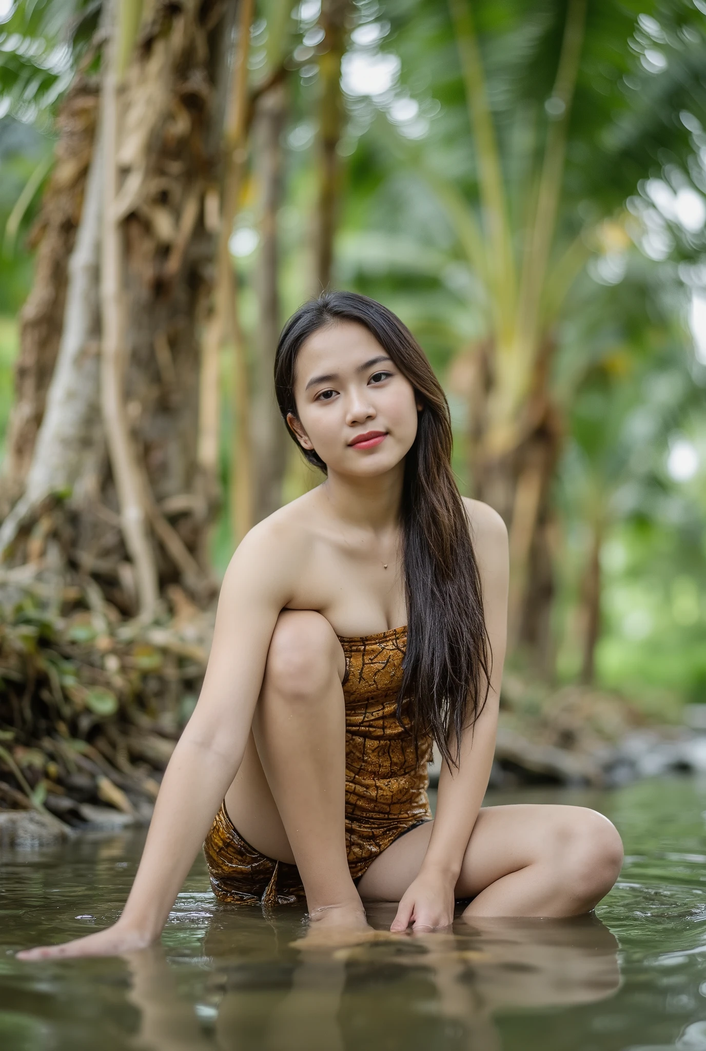 Street Photo, Masterpiece, very high resolution, (realistic photo:1.2), 1Girls , ( face detail :1.2), (fine eyes:1.2), ( hair details :1.2), ( Clothing Details :1.2), 4K, bright ,time , Indonesian Women , wet hair , Sitting in Shallow River , visible thighs , showing off her panties, wet, Blurred Atmosphere , looks at the viewer,long hair, Coconut Tree, Banana tree, Thai Country Cottage