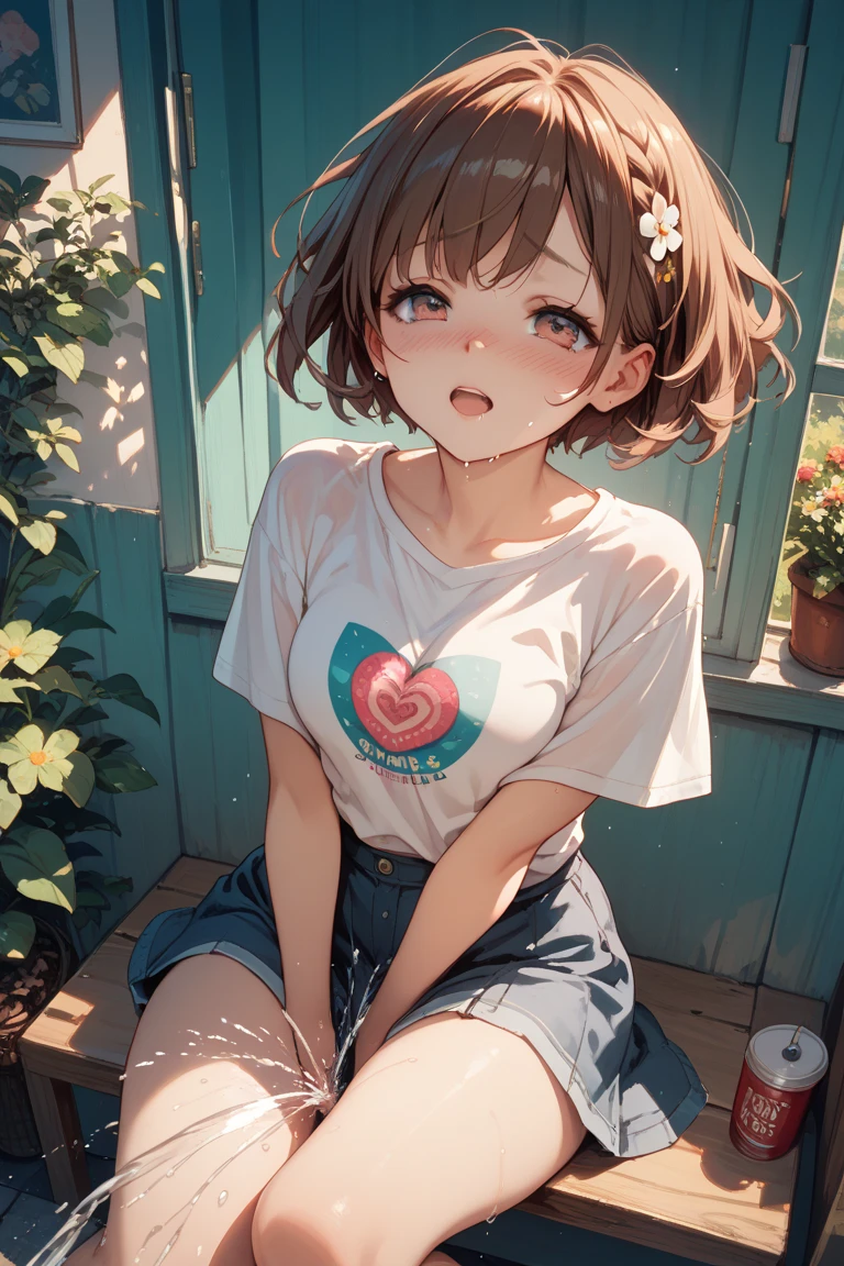 (Ultra-high resolution of the highest quality, masutepiece, Best Quality, 8K, Super Detail, Best Quality:1.3), (Anatomically correct:1.3), (1 ), (Child), (Loli), (Smaody), (flat chest), elementary school student, short black wavy hair, white t-shirt, sitting, park bench, smile, (sweat:1.2), (sexual aroused:1.2)