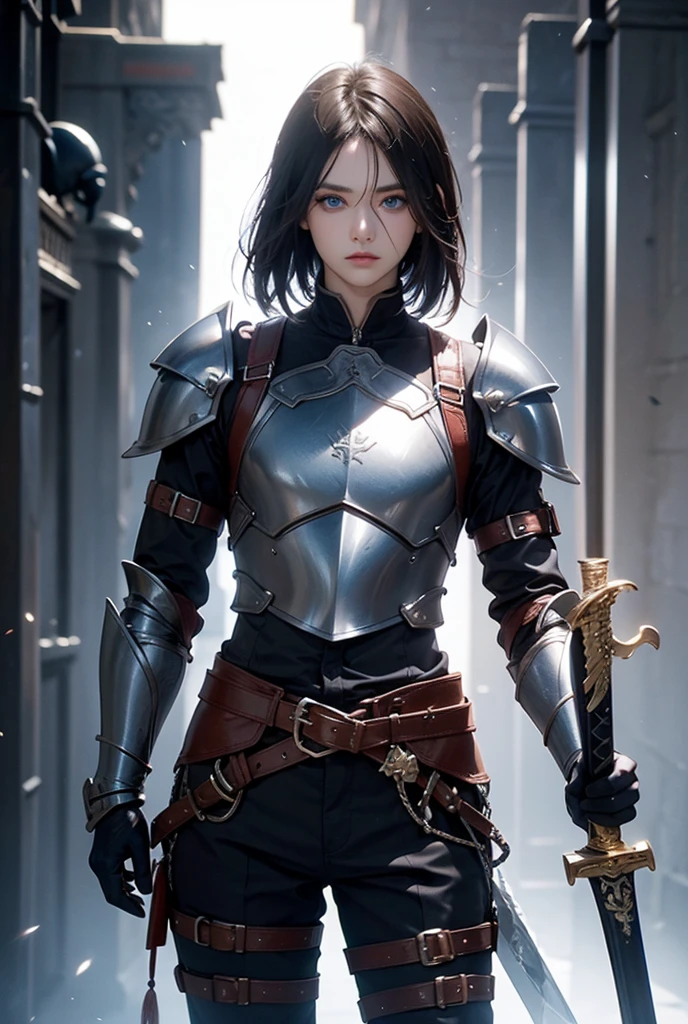 one horn on the left, a 15 yo girl, whole body, wearing denim medieval hood with silver light armor, serious face, short bob hair with bangs, emerald green eyes, black hair, single horn on left, dark theme, soothing tones, muted colors, high contrast, looking away (natural skin texture, hyperrealism, soft light, sharp) armory background,