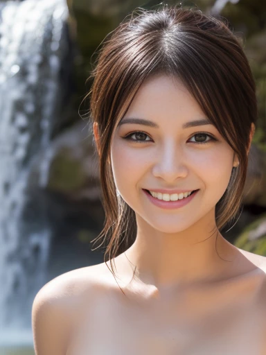 ((最high quality, 8K, masterpiece: 1.3)), (close:0.75), Realistic, Sharp focus, high quality, 32K High Resolution,  Japanese,Huge bust middle-aged woman、３６age、Chubby body type、Bust size is huge at 40 inches （Dark blue underwear),｛Extremely large breasts｝Put your hands behind your head and show your armpits to the camera、 ((Very strong sunlight)), smile, Brown hair Sonyoung, Photographed in front of a waterfall in a midsummer forest、 Cowboy shot 32K high quality、