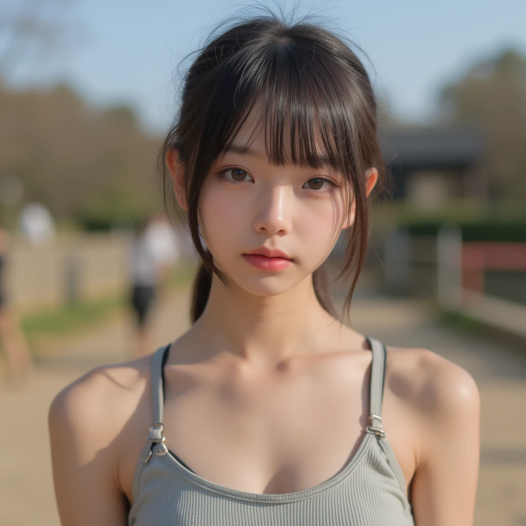 belly button、Sweat on the face、[[[Angry face]]]、((highest quality))、(masterpiece:1.3)、RAW Photos、8k、(highest quality)、(Highest Resolution)、Beautiful face in every detail、Realistic、(The most beautiful woman:1.3)、(best women) :1.3)、high school girl、(Small face)、Short pigtails、(high school girlの)、(The most beautiful girls in school:1.3)、(Country Road:1.3)、(With bangs)、(On the way to school)、(( 18 year old beauty))、Beautiful Hair、Long neck、tie、Everyone longs for、summer、Sleeveless、(Big eyes)