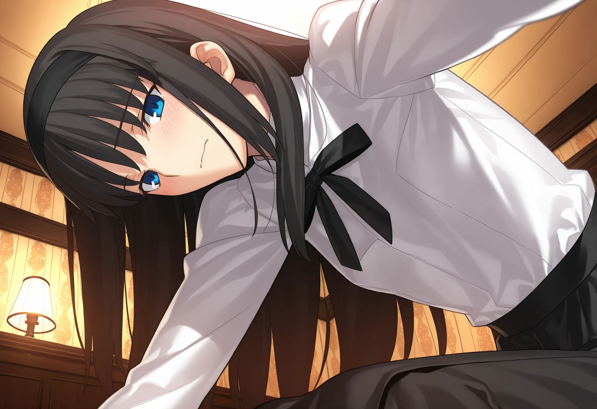 masterpiece, , absurdres, highres, detailed background, high resolution, masterpiece, necessary, detail, best quality, quality, necessary, details, High details, Precise, indoors, hotel room, medieval interior, gothic, from side, from below, close up, pov, (upper body),
1girl, , Takeuchi Takashi (type-moon,tsukihime) style, takeuchi takashi style, (aged up), sitting, (head tilt), bent over,(reaching, hand), light embarrassed,
tall girl, mature, Akiha_Tohno, (tsukihime), black hair, bangs, long hair, blue eyes,(half-closed eyes), black headband, straight hair, tsurime, closed mouth,
(white shirt, black long skirt), black ribbon, (small breasts, flat chest), , looking at viewer, ,
