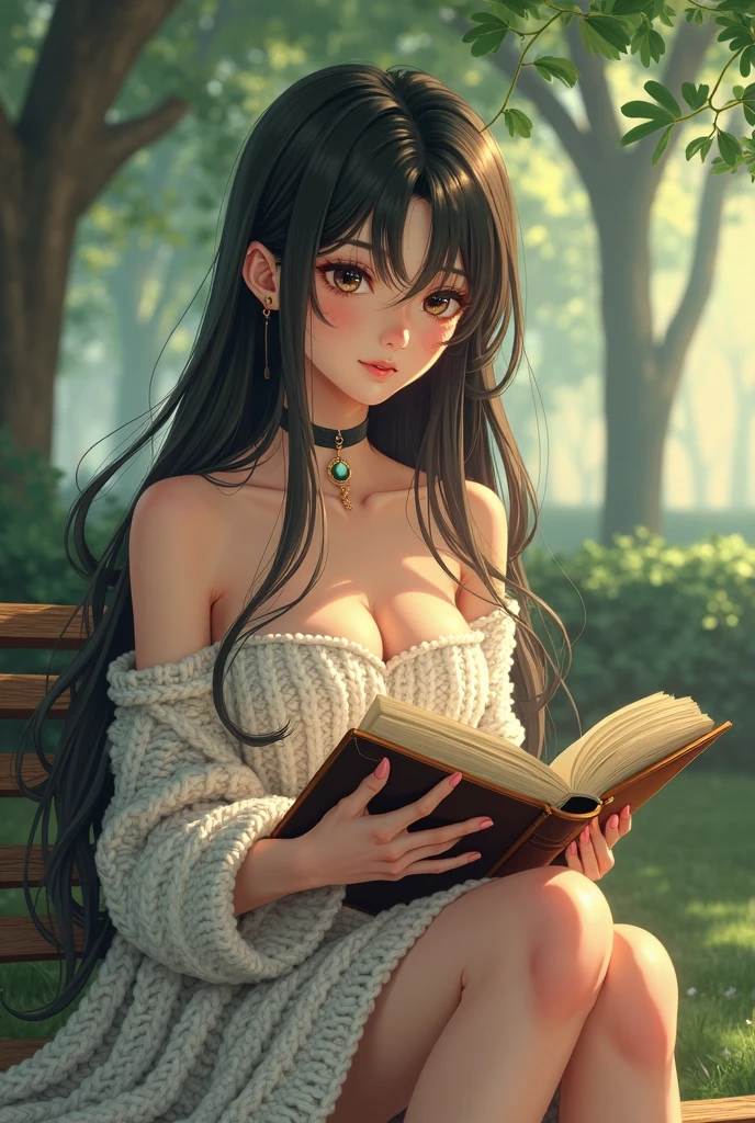 8K,Extremely high image quality,A high resolution, guy, Solo, Detailed face,Stunning face,thigh boots, hair adornments, view the viewer, Beautiful eyes,pony tails,The princess cuts the bangs, sitting in the garden reading the book, beautiful blue eyes and black hair.