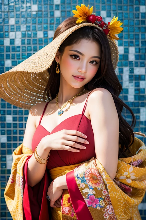 Young Zhang Ziyi, realistic, Masterpiece, raw image, fashion designer, beautiful, voluptuous, rift, colorful tropical fruits, pearl respledent, Baroque, eccentric, In the style of Victor Ngai --Auto