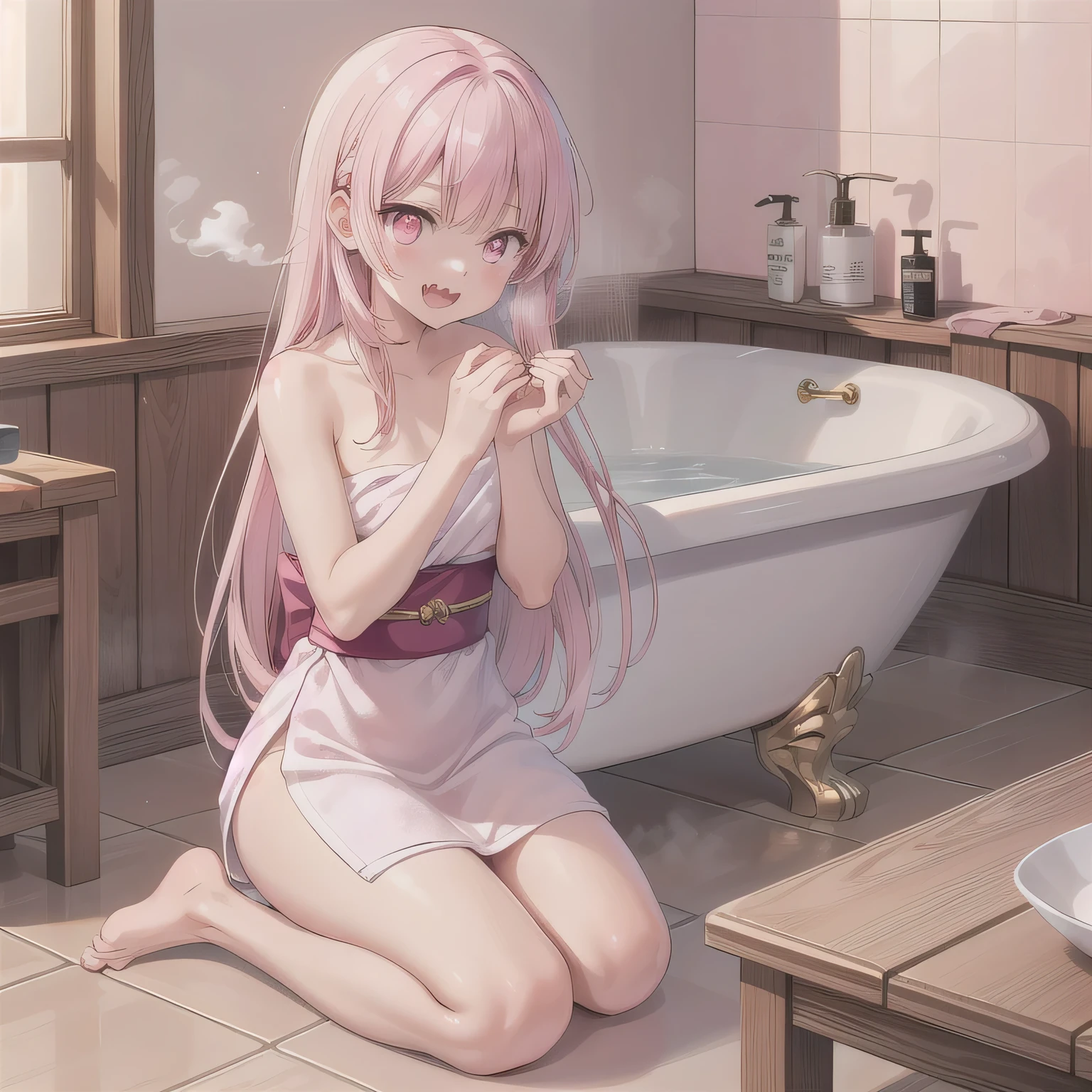 A beautiful woman in a A narrow, compact Japanese bathroom, with tiled walls, a small bathtub, and a wooden stool beside it. Steam fills the room., sitting in seiza style , politely waiting to greet someone.The character is wrapped in a towel around the body. Fangs, long hair, (pink eyes:1.5), pink hair.