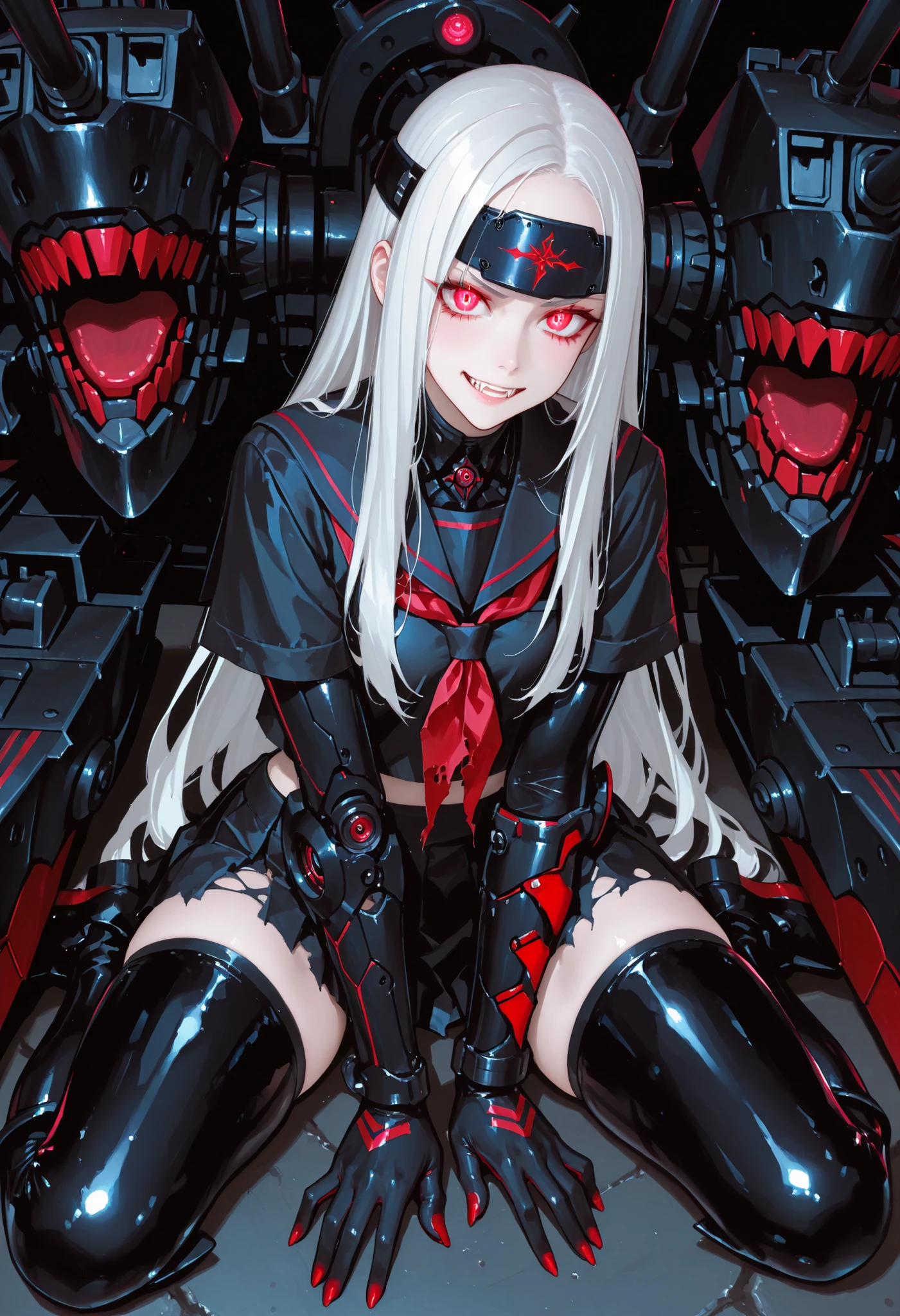 Girl in a black sailor uniform. White hair. Long hair. Forehead protector. Glowing red eyes. Fearless smile. Darkly discolored hands. Black armored arms. Asymmetrical arms. Oversized latex boots. Torn costume. Sit on a small battleship. Mechanical monster fangs. Cannon turret.