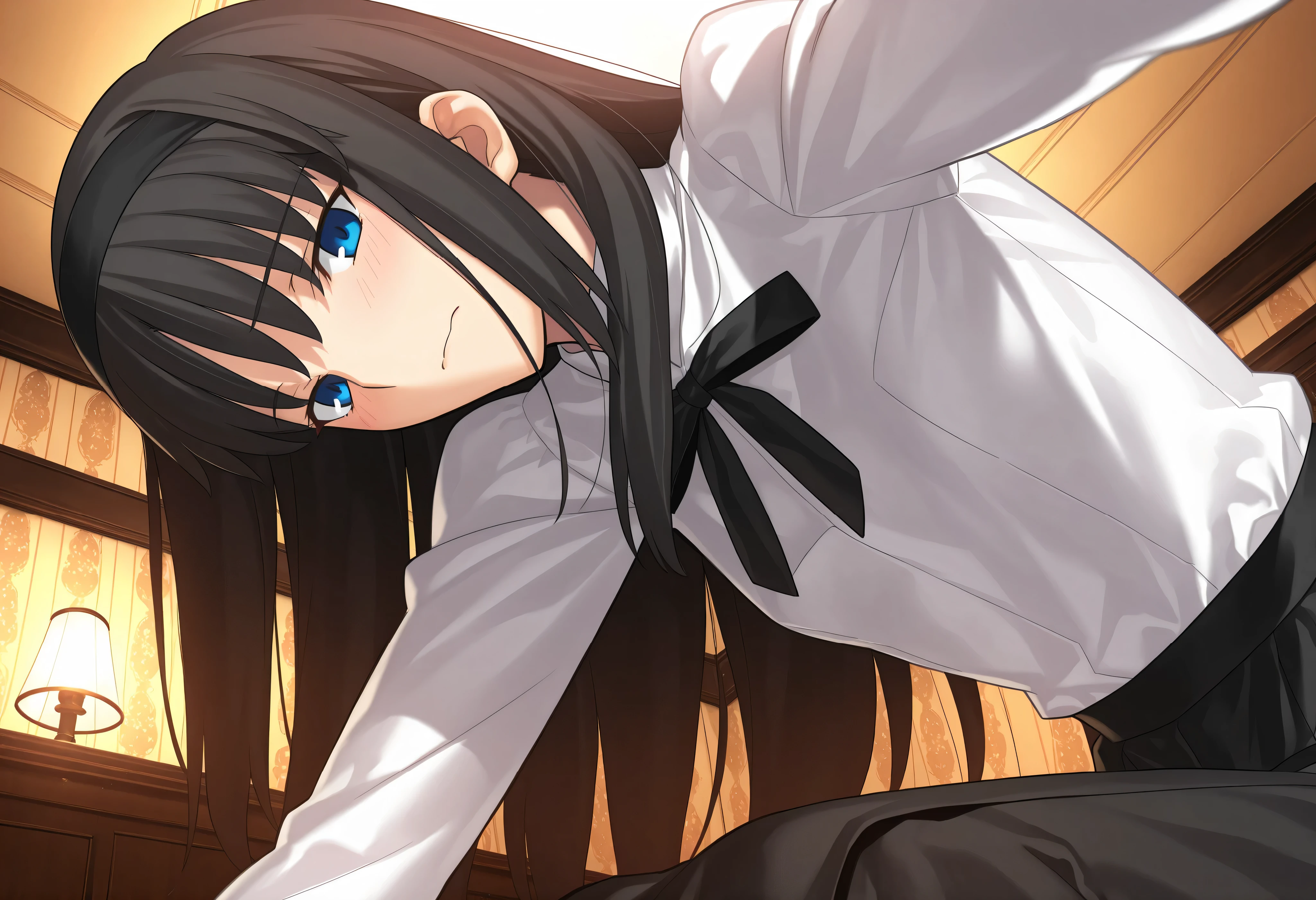 masterpiece, , absaudress, high resolution, detailsed background, high resolution, masterpiece, need, details, best quality, quality, need, detailss, High detailss, accurate, indoor, hotel room, medieval interior, gothic, from the side, from below, close-up, throw, (upper body),
1人のgirl, , Takashi Takeuchi ( type moon,Tsukihime) style, takeuchi takashi style, (Older), is sitting, (deep), Bend down ,(arrive, hand), I'm a little embarrassed,
girl, mature, give_, (Tsukihime), black hair, bungs, long hair, blue eyes,(Half Eye), Black Headband, straight hair holding people's arms, language, closed mouth ,
(white shirt, black long skirt), black ribbon, (small breasts, Flat chest), , viewers on their chest, ,