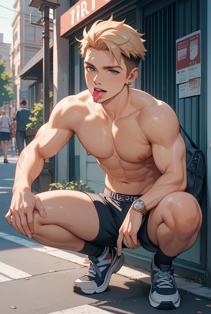 Full body, many used condoms lay on his body, Brown hair, Fluffy bubble chest exposed, Shirtless exposing his sexy hairy chest, SHY, sensual, cute, BLUSHING, SHY EXPRESION, WEaring only WHITE SHEER THONG, Shota, blushing face, lying down on wet dirty street, fluffy chest, very dirty floor, very wet body, Hairy stomatch, very hairy abs, Very bushy hairy armpits, hairy pubic, hairy crotch, Super Realistic photography, PROUDLY SHOWING OFF HIS BODY, Cute teen student Wearing wet thong, NO PANTS, armpits eXPOSED, Very wet body, very wet, pantless just wearing soaked white thong, Showing off his very hairy armpits, Slim fit body, teenager, very cute boy face, 15 years old boy, Very young teenager boy, LAYING DOWN in the middle of dirty wet street, dickprint, Sweat dripping all over the body, Proudly showing off his sweaty very hairy armpits to audience, The colors are bright and vibrant, enhancing the overall aesthetic. The lighting is soft and natural, casting a soft glow on the boy, don't merge body's, detailed eyes and lips, sixpack and fit body. Image quality is of the highest standard, with ultra-detailed features and a realistic appearance.