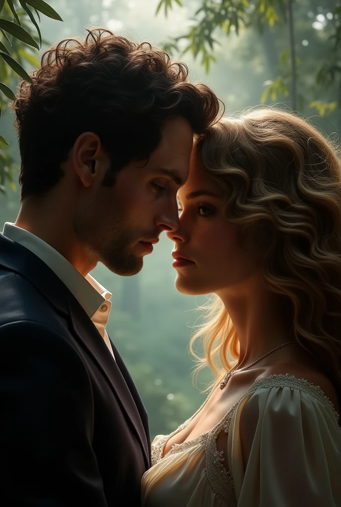 8K, Super detail, ccurate, Best quality, Masterpiece, Super detail, High details, High quality, Best quality, A high resolution，Cinematic lighting effects， (Delicate and detailed facial features)，A man and a woman are kissing，The wind blows up the corners of your clothes，lamplight，Halo，Flower petals all over the sky，𝓡𝓸𝓶𝓪𝓷𝓽𝓲𝓬，Nature background