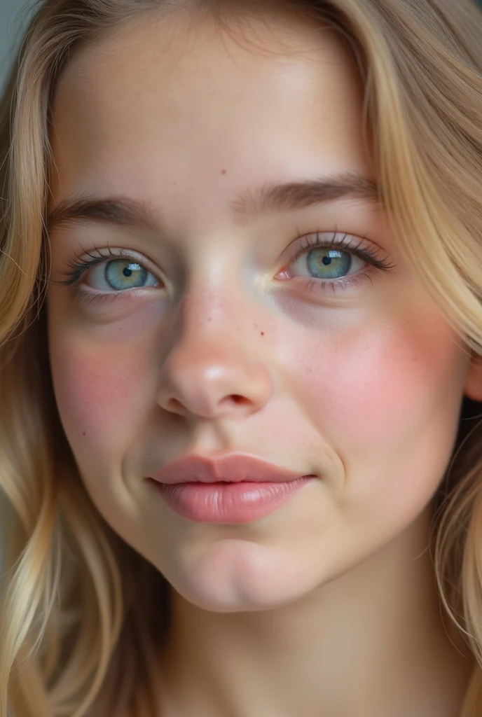 Reflector light, masterpiece, Realistic, art by ANNIE LEIBOVITZ, textured skin, Top quality, Highly detailed photo, 8k, Canon EF 50 mm f/1.8 STM (Editorial photograph of a 20-year-old woman), (Highly detailed face) :1.4) (Smile:0.7) (dark background, moody, private studio:1.3), Rich colors, Hyper realistic, realistic texture, dramatic lighting, wavy hair, disheveled hair, Chinese, Smile, Mischievous face, blonde hair, freckles , green eyes, white skin, Scarlet Woman, masterpiece,