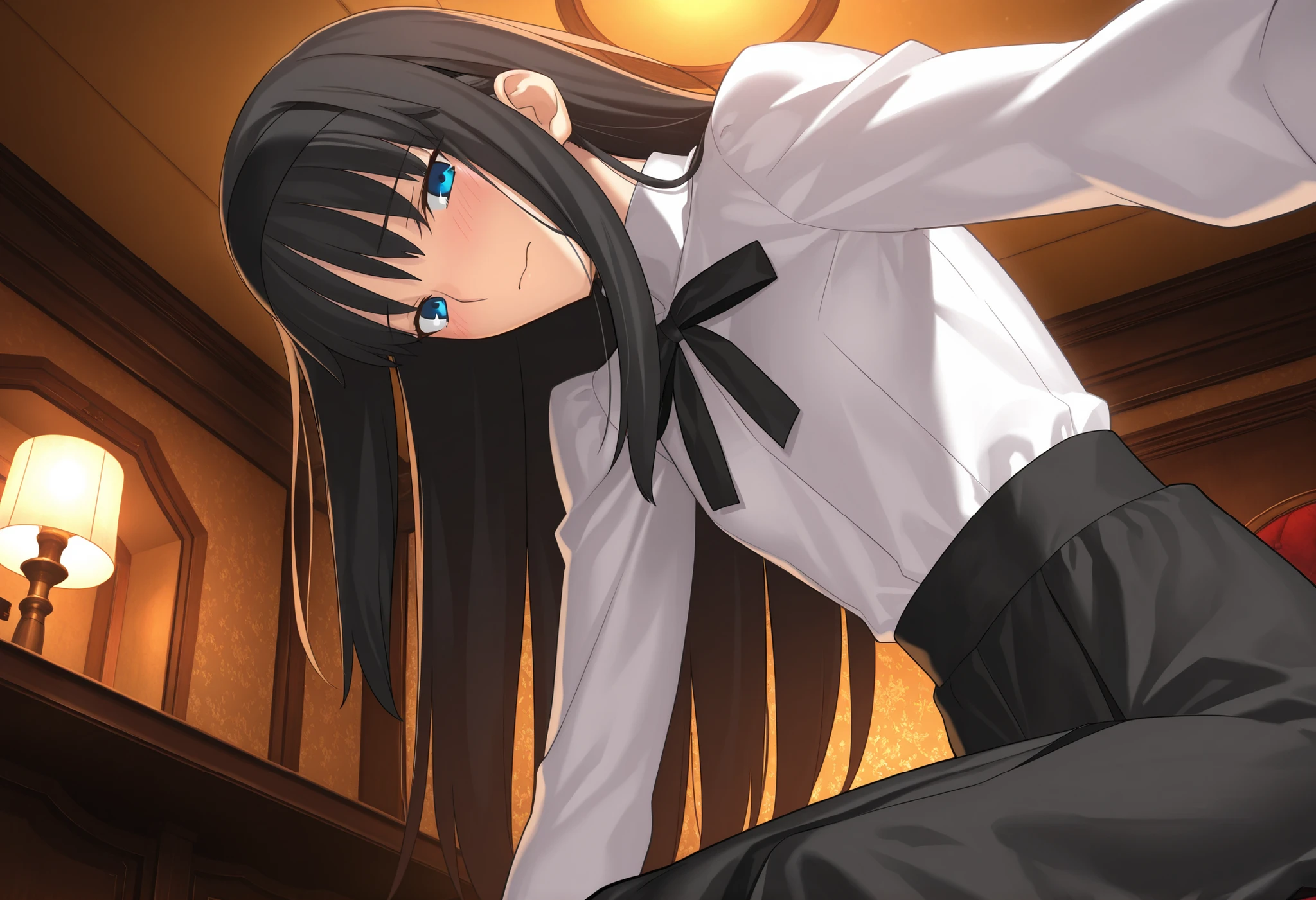 masterpiece, , absurdres, highres, detailed background, high resolution, masterpiece, necessary, detail, best quality, quality, necessary, details, High details, Precise, indoors, hotel room, medieval interior, gothic, from side, from below, close up, pov, (upper body),
1girl, , Takeuchi Takashi (type-moon,tsukihime) style, takeuchi takashi style, (aged up), sitting, (head tilt), bent over,(reaching, hand), light embarrassed,
tall girl, mature, Akiha_Tohno, (tsukihime), black hair, bangs, long hair, blue eyes,(half-closed eyes), black headband, straight hair, tsurime, closed mouth,
(white shirt, black long skirt), black ribbon, (small breasts, flat chest), , looking at viewer, ,
