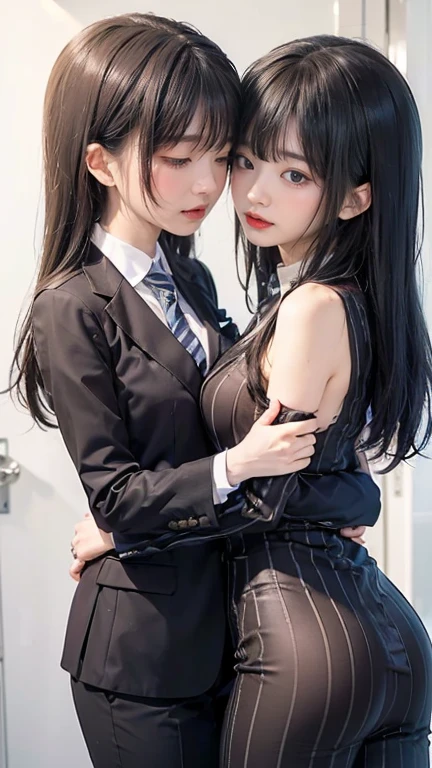 highly insanely detailed, masterpiece, top quality, best quality, highres, 4k, 8k, RAW photo, (very aesthetic, beautiful and aesthetic), fdom_awall, femsub, 2girls, yuri, Side view, hetero, standing, Kabedon, against wall, blushing, shy, nervous, smile, <lora:fdom_awall_v2:1>, colorful