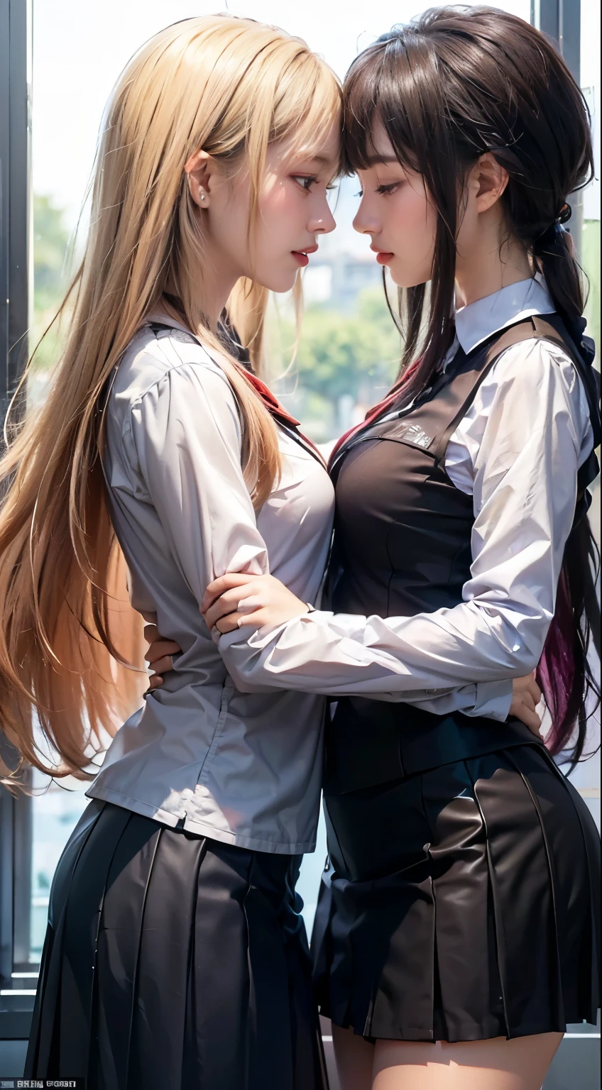 smile、I can see your pussy、nipple見え、(translucent shirt:1.3)、(In 8K、highest quality、masterpiece:1.2)、(genuine、photogenuineistic:1.37)、Super detailed、2 girls、cute、綺麗なfine eyes、office、、(nippleが見えてる:1.2)、 (perfect beautiful beautiful face:1.15)、(closed mouth)、細やかなbeautiful eyes、(No underwear:1.1)、、short cut hair、(Skeleton shirt:1.2)、、(short hair:1.5)、Floating hair NovaFrogStyle、thinボディ、20 year old woman、brown hair、、brown eyes、small head、((M cup fashion girl、beautiful eyes、genuine face、genuine skin、genuineフェイス、genuineな肌、fine eyes、 dynamic pose、viewer、Look carefully at the face and chest、(hug each other), the tip of the chest sticks out。Areola is protruding。The shape of the genitals is clearly visible。lots of eyelashes。black eyeshadow。bright red lips。black sexy high heels。pubic hair。The lower abdomen is bristly。thin。thighs are open。pubic hairたくさん、pubic hairがはみ出てる、 and delicate figure、(At the office)、camel'With toes、protruding pussy_nipple