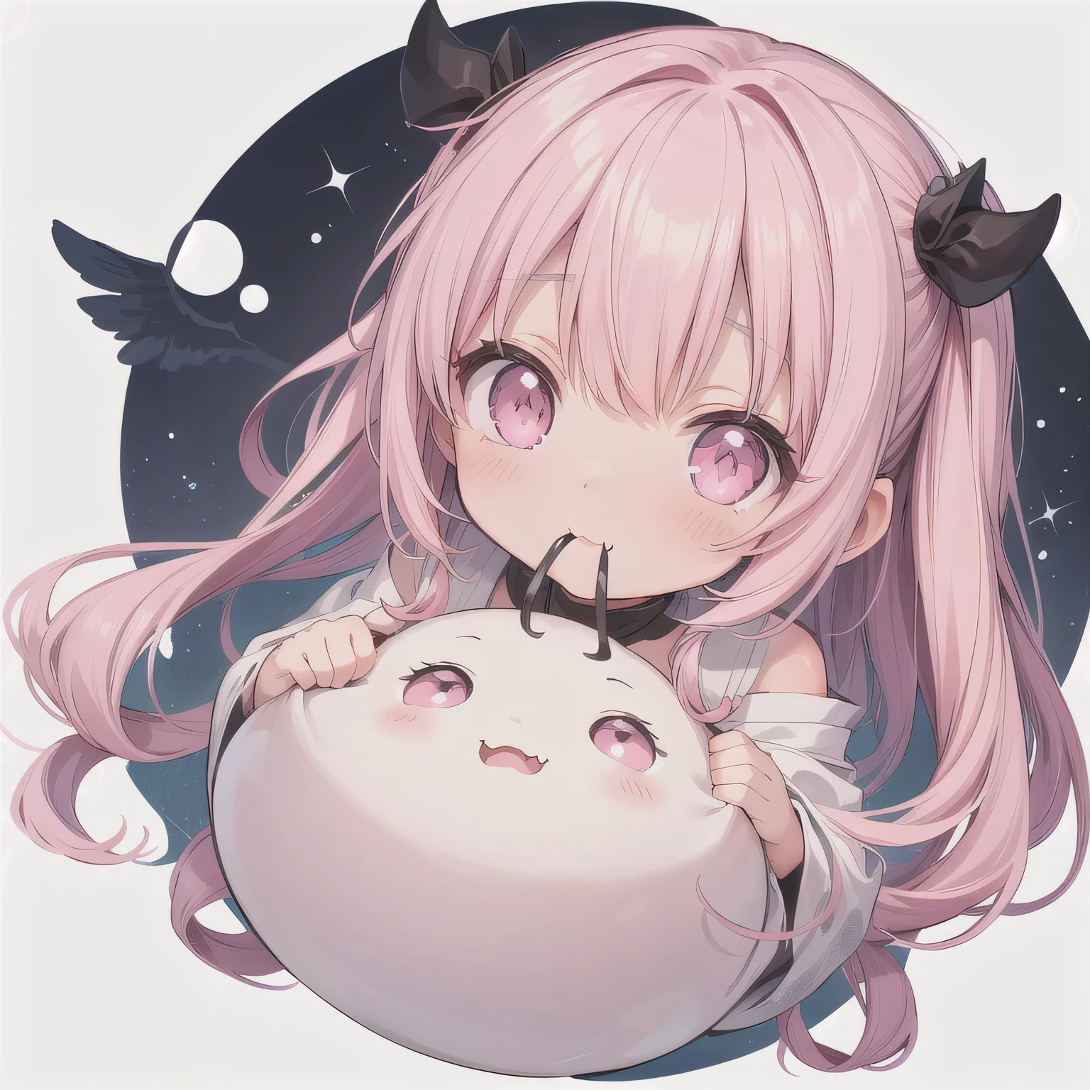 A Japanese anime-style chibi girl, 3-head-tall, super round body and head, deformed proportion, big sparkling eyes, small nose and mouth, cute and soft illustration, simplified color palette, masterpiece, her mouth is empty, nothing in her mouth, no objects around the mouth, not eating, not holding anything, natural facial expression. Fangs, long hair, (pink eyes:1.5), pink hair.
