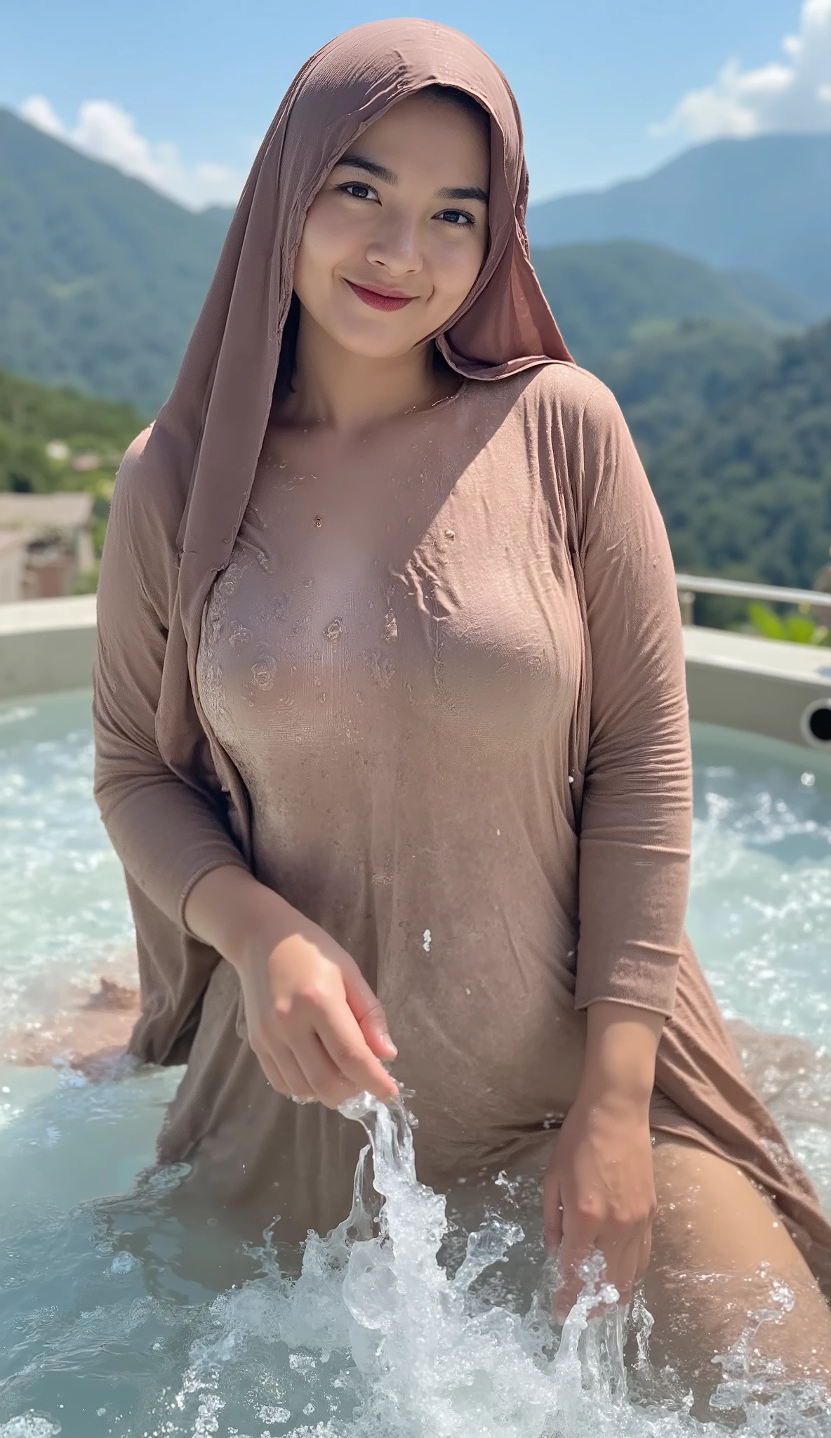 a woman, taking a hot bath, submerged body in hot bath, visible mountain with clear sky, hot water vapor is visible all around, body facing front, Eyes looking at the camera, wearing wet towel wraps body, big size G-cup, face seductive expression, slim waist, all over wet body, wear large hijab,