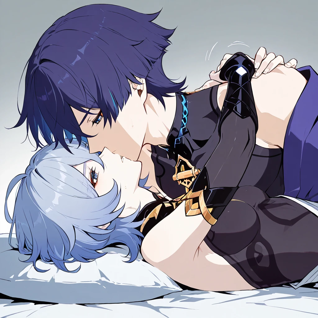 2guys、Trafalgar Law、Hugging 15 year old girl with short light blue hair and red eyes、The cuddling girl is short stature