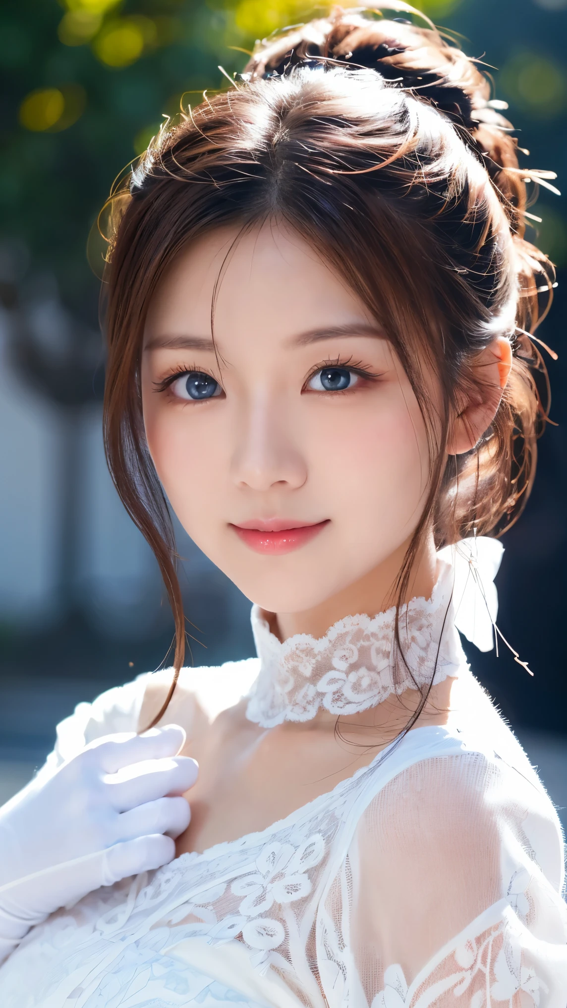thin and thin physique , subtle laugh ,white single ponytail hair wearing white lace gloves,blue eyes, there is blue light in the eyes ,blue eyes have white pupils,Shining Eyes,Woman's hand, beginner,Normal finger, normal human fingers ,blue halo,Aura is blue , polyhedral pattern halo ,wear white tights,I'm wearing white lace gloves