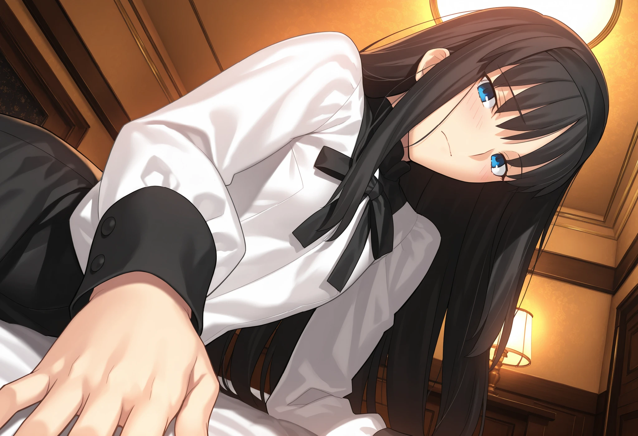 masterpiece, , absurdres, highres, detailed background, high resolution, masterpiece, necessary, detail, best quality, quality, necessary, details, High details, Precise, indoors, hotel room, medieval interior, gothic, from side, from below, close up, pov, (upper body),
1girl, , Takeuchi Takashi (type-moon,tsukihime) style, takeuchi takashi style, (aged up), , (head tilt), (lie on bed, on side), ,(reaching, hand), light embarrassed,
tall girl, mature, Akiha_Tohno, (tsukihime), black hair, bangs, long hair, blue eyes,(half-closed eyes), black headband, straight hair, tsurime, closed mouth,
(white shirt, black long skirt), black ribbon, (small breasts, flat chest), , looking at viewer, ,