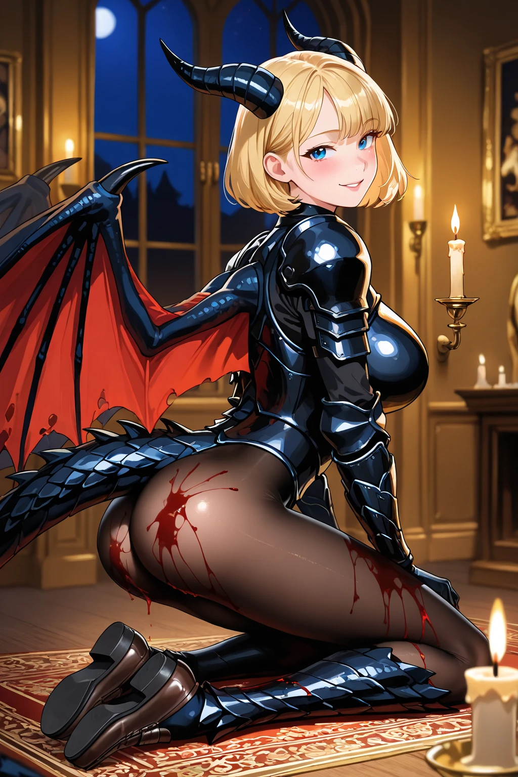 (Masterpiece, best quality, high resolution, perfect anatomy), (extremely detailed face) (beautiful detailed eyes), (1 woman),(dark skin:1.2), (blond short hair, with a asymmetrical bob), tall stature, (toned, slender), huge breast, (blue eyes), (black triangle bikini, micro bikini, Low Rise Bikini), Armature, looking at viewer, (smile:1.2)(happy:1.2), perfect lighting, cinematic lighting, dynamic lighting, open mouth, (skin fang), (spread legs:1.2), (sit astride), (girl on top),(Fantasy-style black knight commander's cloak), (worn black iron leg armor), (carcass of dragon:1.2), (Ride a giant dragon carcass:1.2)