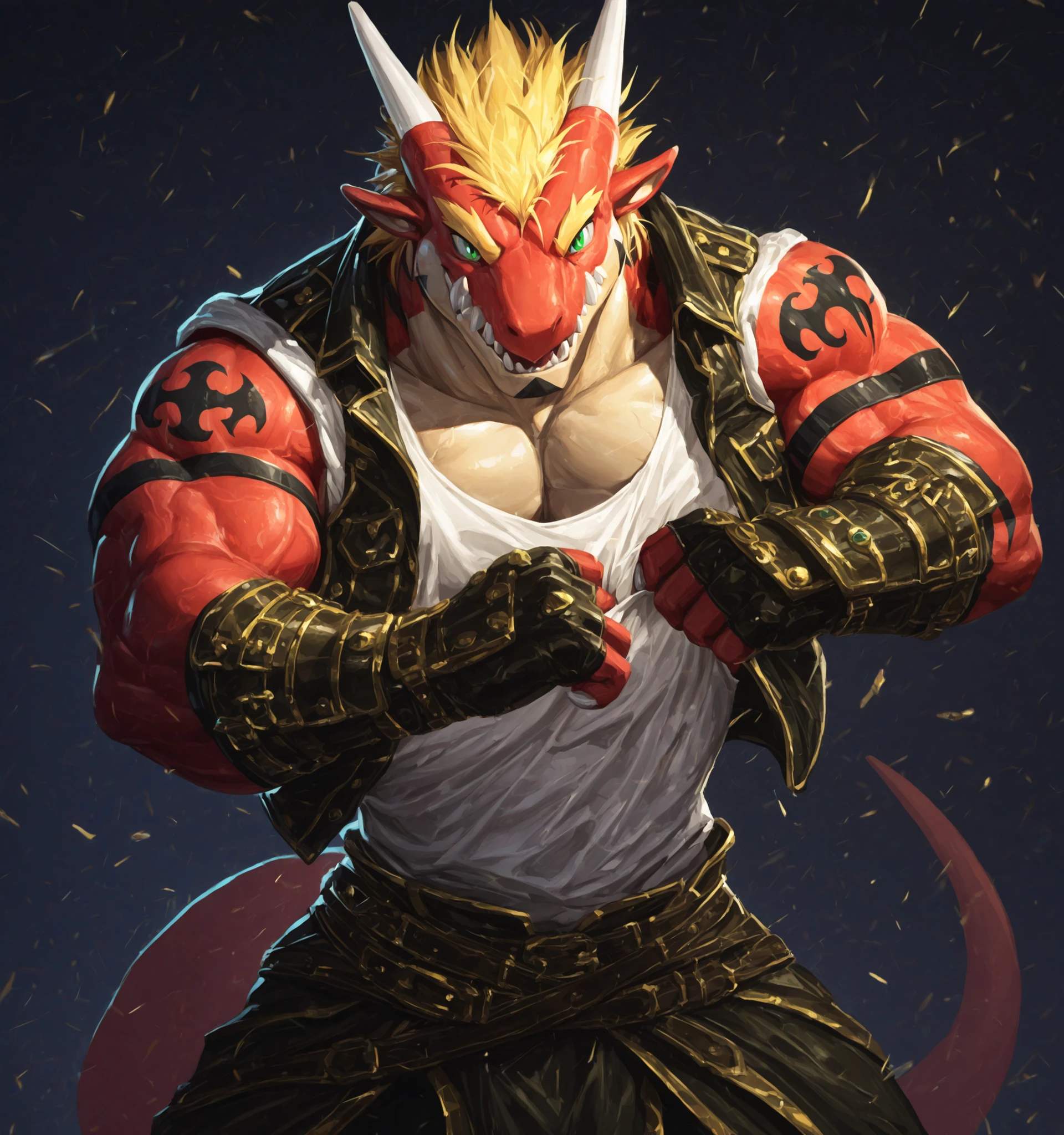 , Scaly, anthro, solo, dragon, clothing, male, TOPWEAR, muscular, muscular anthro, clothing, vest, Fingerless Gloves, green eyes, muscular male, red body, hi res, bottom wear , Tattoo, Gold, front view, bust, tail, white tank top, scenery, Epic Themes, battle pose, arm Tattoo, viewers on their chest, simple background, big muscles,
in their 40s (Lindong:0.6), (From horses:0.8),
in their 40s masterpiece, Highest Quality, great quality, extremely sophisticated,high resolution, absaudress,delga