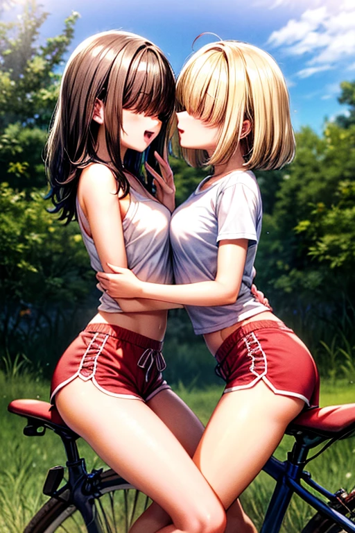 Two girls kiss while straddling motorcycles saddle cushion, dolphin shorts,

