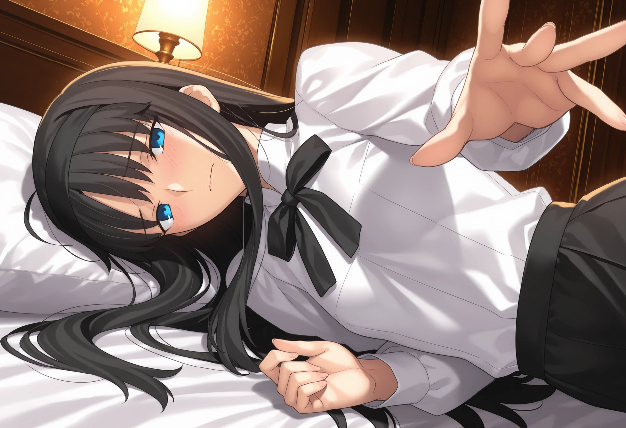 masterpiece, , absurdres, highres, detailed background, high resolution, masterpiece, necessary, detail, best quality, quality, necessary, details, High details, Precise, indoors, hotel room, medieval interior, gothic, from side, from below, close up, pov, (upper body),
1girl, , Takeuchi Takashi (type-moon,tsukihime) style, takeuchi takashi style, (aged up), , (head tilt), (lie on bed, on side), ,(reaching, hand), light embarrassed,
tall girl, mature, Akiha_Tohno, (tsukihime), black hair, bangs, long hair, blue eyes,(half-closed eyes), black headband, straight hair, tsurime, closed mouth,
(white shirt, black long skirt), black ribbon, (small breasts, flat chest), , looking at viewer, ,