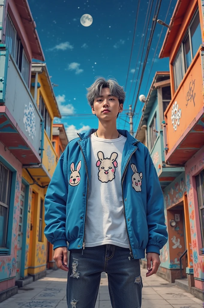 Long tall skinny guy with thick white hair with bangs over his eyes,White skin, pink cheeks,short blue shorts with blush on the knees, beautiful white with a light delicate blue tone,with a cinnamoroll icon a beautiful hat on your head with a cinnamoroll icon