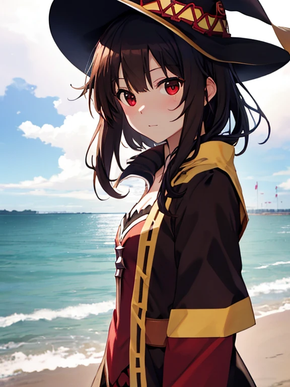 (Megumin), Black bikini swimsuit, (masterpiece), highest quality, 1girl, uhd, retina, masterpiece, ccurate, anatomically correct, textured skin, super detail, high details, high quality, best quality, highres, 4K