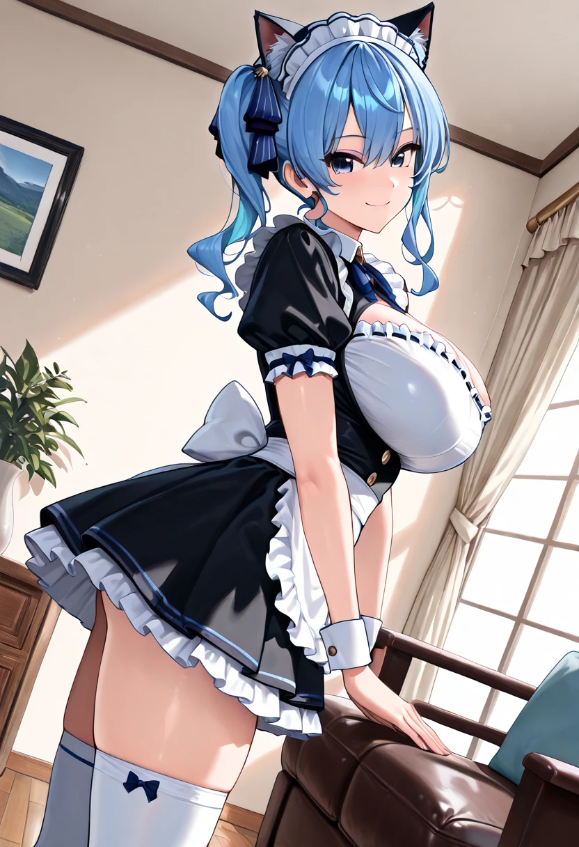 ((masterpiece, best quality)), 1girl, indoors, tilted head, ? blue rupika, large breasts, blue hair, blue eyes, short hair, maid headdress, maid outfit, maid dress <lyco:blueRupikaBeatmania:0.7>