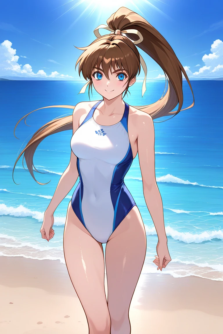 princess, school swimsuit, white and blue swimsuit, one-piece swimsuit, adult, 20 years, dark blond hair, beautiful long hair, brown eyes, beautiful eyes, mid-sized breast, light smile, masterpiece, (masterpiece, best quality:1.2), highres, extremely detailed CG unity 8k wallpaper, perfect lighting, Colourful, ultra-high res,4K,ultra-detailed, photography, 8K, HDR, highres, indoor pool background, school,