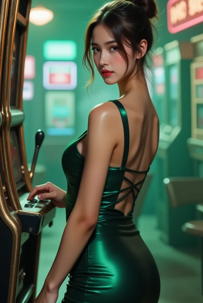 a beautiful young european woman with long dark curly hair standing in a casino, wearing a dress, in a green cyberpunk-inspired lighting, neon signs, green eyes