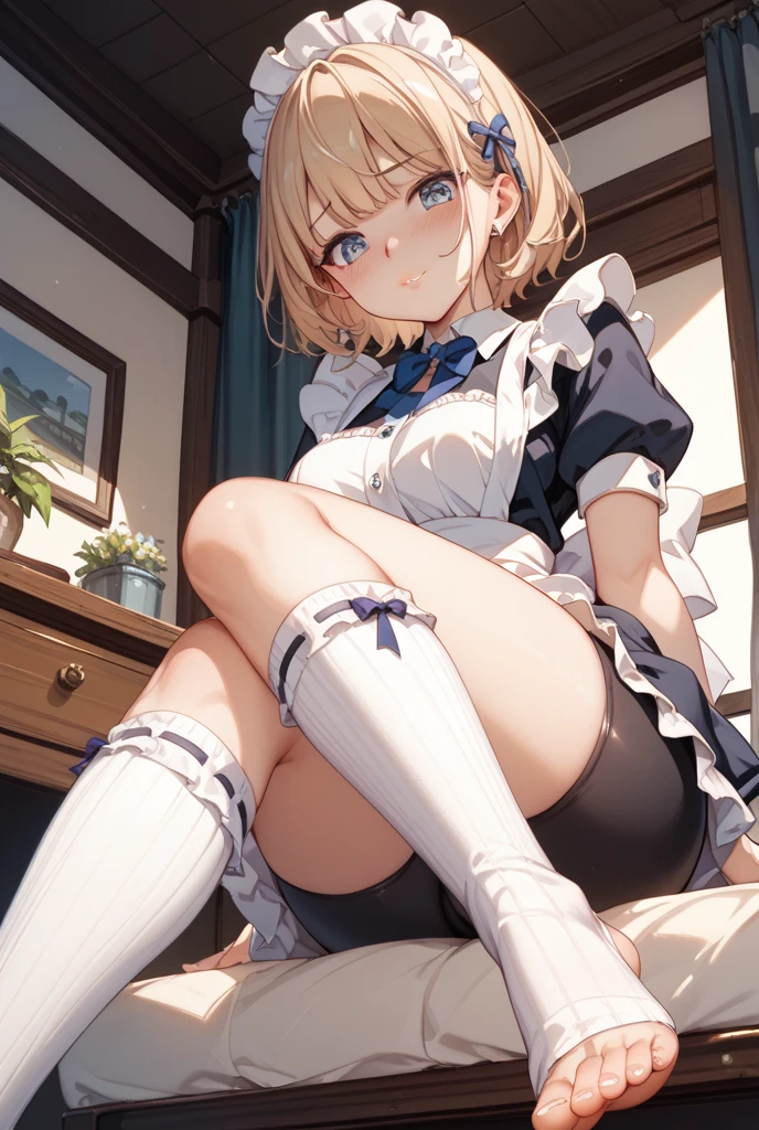 (8K、Highest quality、highest quality、masterpiece)、Detailed face、One girl、Blonde、 ((Brown skin:1.4))、bionde、short hair、Grey Eyes、blush、Embarrassing、Embarrassed、tough、painful、Open your mouth、big breasts、((naked pussy)、Full body portrait、Skirt Lift、mini skirt、White dress、White knee-high socks、black strap shoes、pussy big dildo、masturbation、Big ribbon on head、fellatio