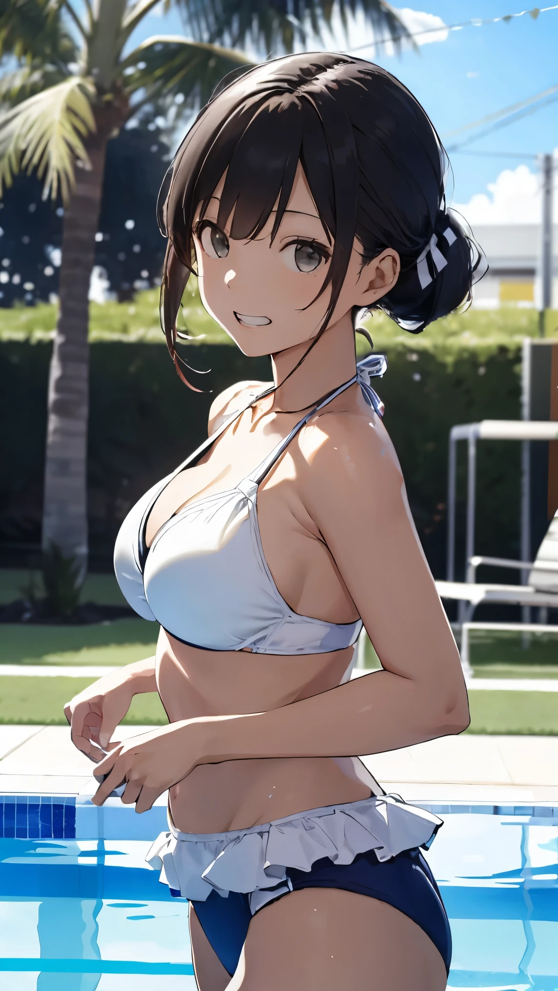 ((masterpiece, highest quality, High resolution, Hmm, Pixel perfect, Depth of written boundary, 4k, RTX, HDR))), 1 Girl, single, alone, Beautiful Anime Girls, , Beautiful art style, Sunburned skin, anime character,,(Black hair,,Low twin tails:1.5), (Smooth texture:0.75, Realistic texture:0.65, Realistic:1.1, Anime CG Style), Medium breast, (Dynamic Angle, Dynamic pose:1.4, Watching the audience), Perfect body ,(Black Tube Top), mini skirt, smile, Sunburned skin,