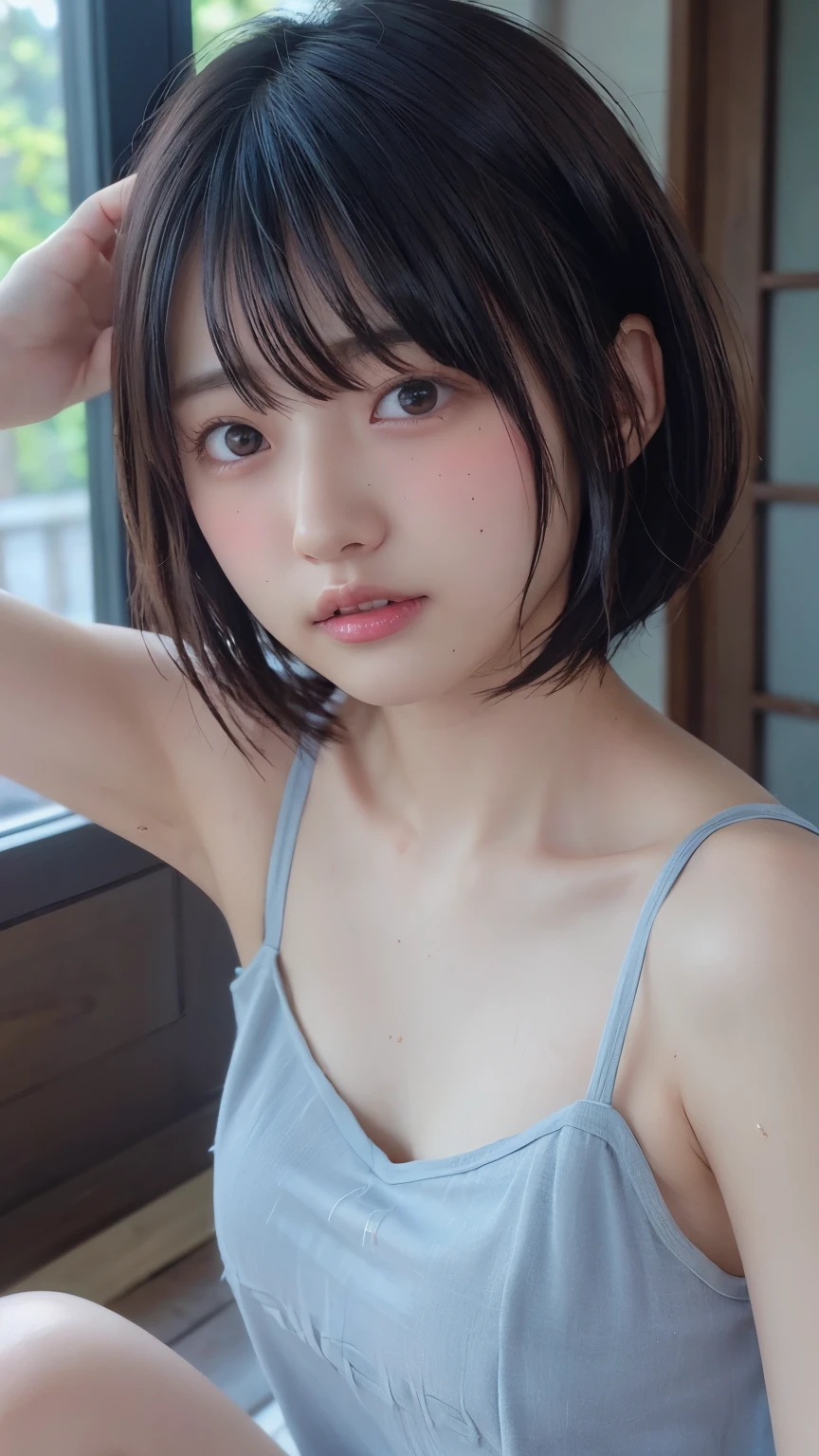 ( bob cut hair :1.2),( camisole:1.heer:1.4), 1 girl, Japanese ,21 years old,( small breasts:1.3),( top quality,masterpiece:1.3, super A high resolution,),( ultra detail , caustics ),( photorealistic:1.4,RAW shooting,) super realistic capture , very detailed, high resolution 16K close-up of human skin 。 Natural Skin Texture、,pores、 small 、 must be detailed enough to be easily identified。 skin must be uniform and healthy 。 Uses natural light and colors, shy expression , staring at the camera , perfect dynamic composition, flat chest、mole、((Under both armpits:1.2))、blush、sweat、発sweat、流れるsweat、 sit on the floor、 headdress、 wet、
