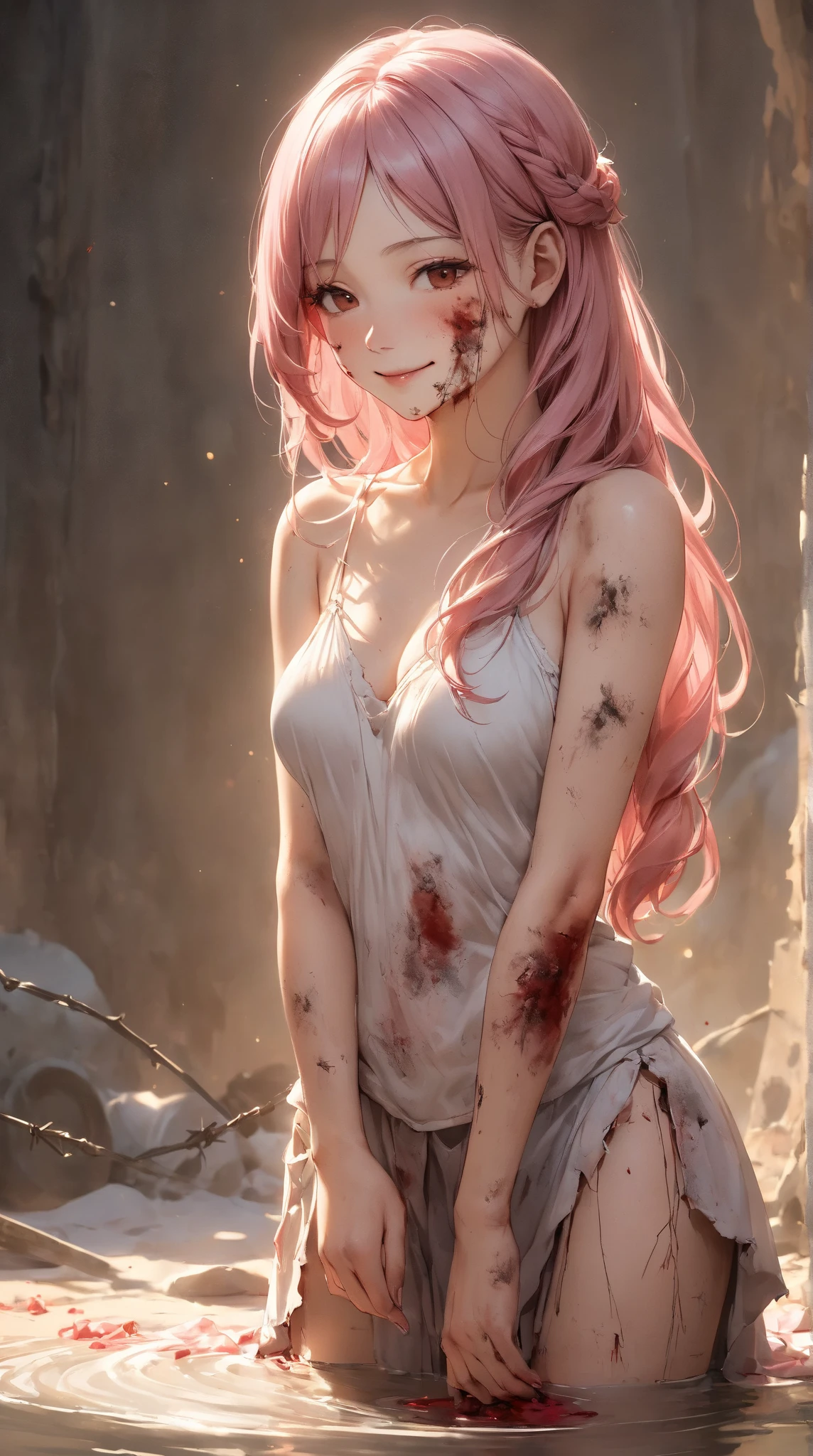 (masterpiece, highest quality, ultra high res, ultra detailed:1.3), (1 cute zombie girl:1.4), ideal ratio body proportions, full body, (white panties:1.4), cameltoe, tank top, clothes covered nipples, pleated mini skirt, dynamic angle, city, scratches, wounds, blood, fangs, zombies,